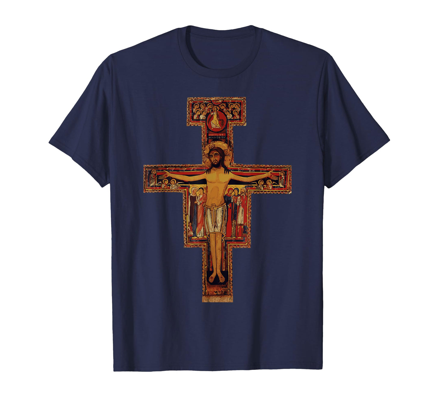 Happy Catholics Catholic Francis of Assisi San Damiano Cross T-Shirt - Black, Unisex Adult, Short Sleeve, Modern Religious Style, Casual, Size Small