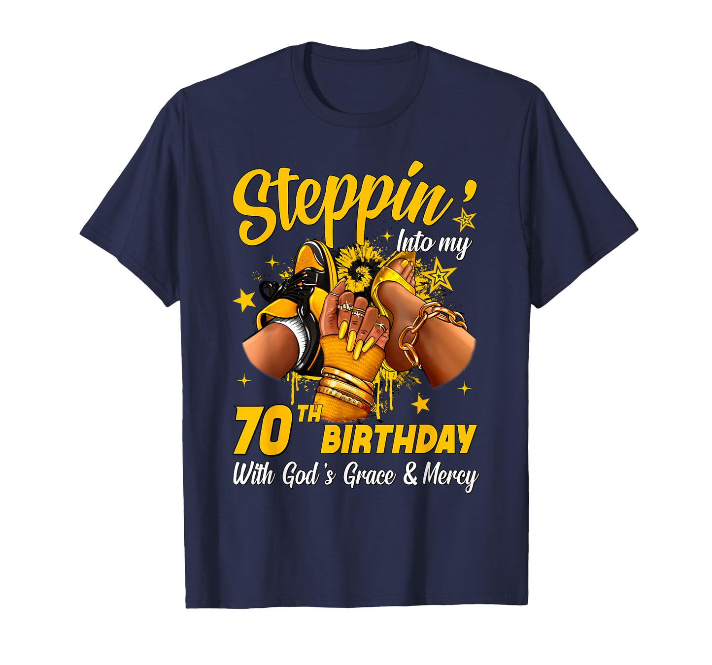 Stepping Into My 70th Birthday Black Woman Sneaker Heel T-Shirt