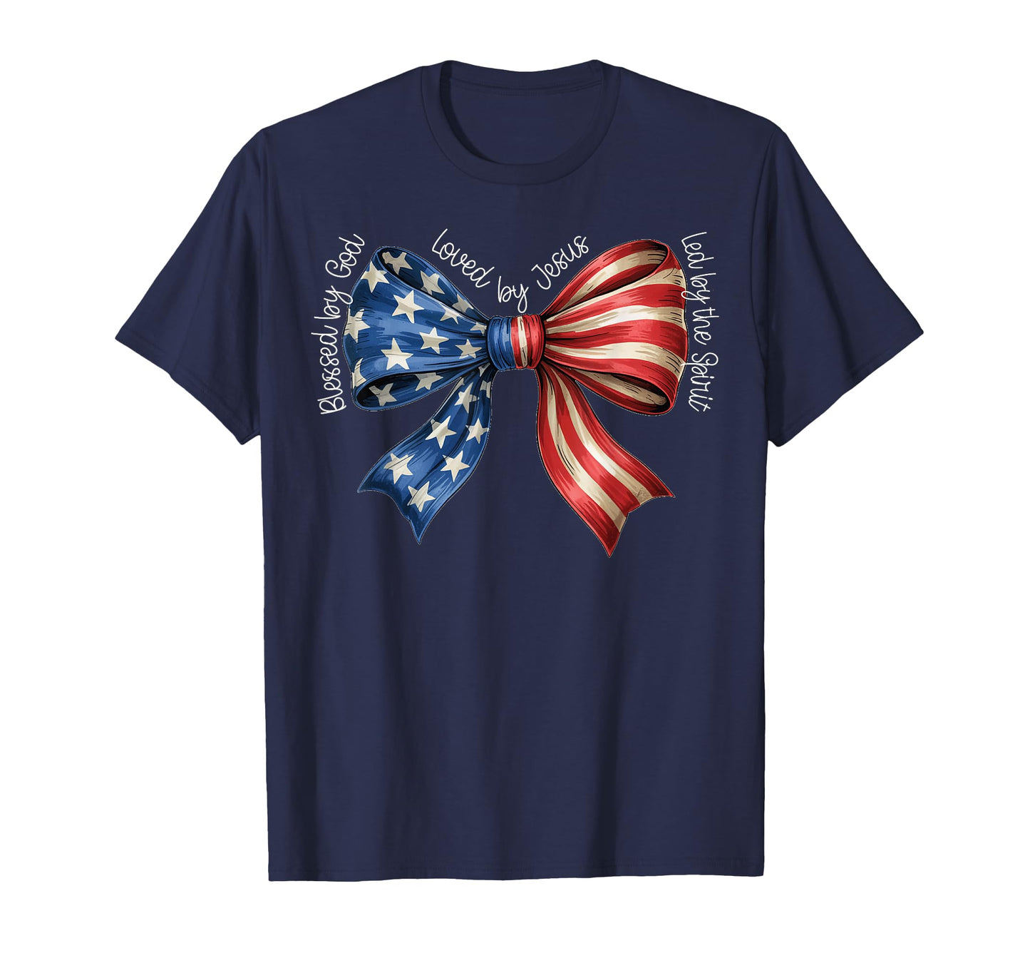 Blessed By God Loved By Jesus American Flag Coquette Bow T-Shirt