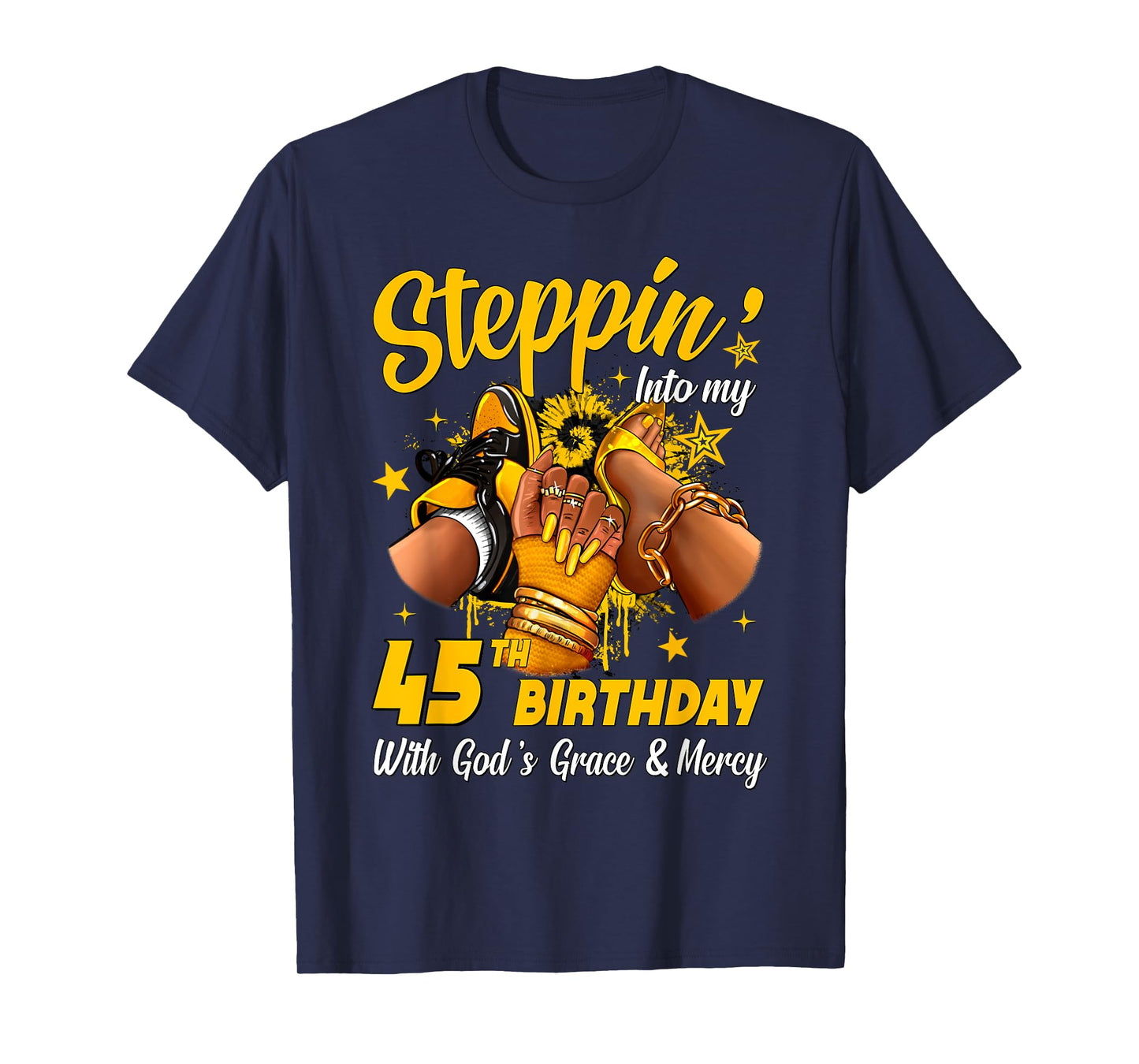 Stepping Into My 45th Birthday Black Woman Sneaker Heel T-Shirt