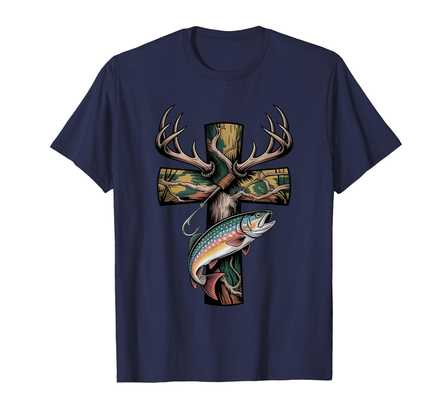Faith Fishing Hunting Camo Cross with Hook Bass Christian T-Shirt
