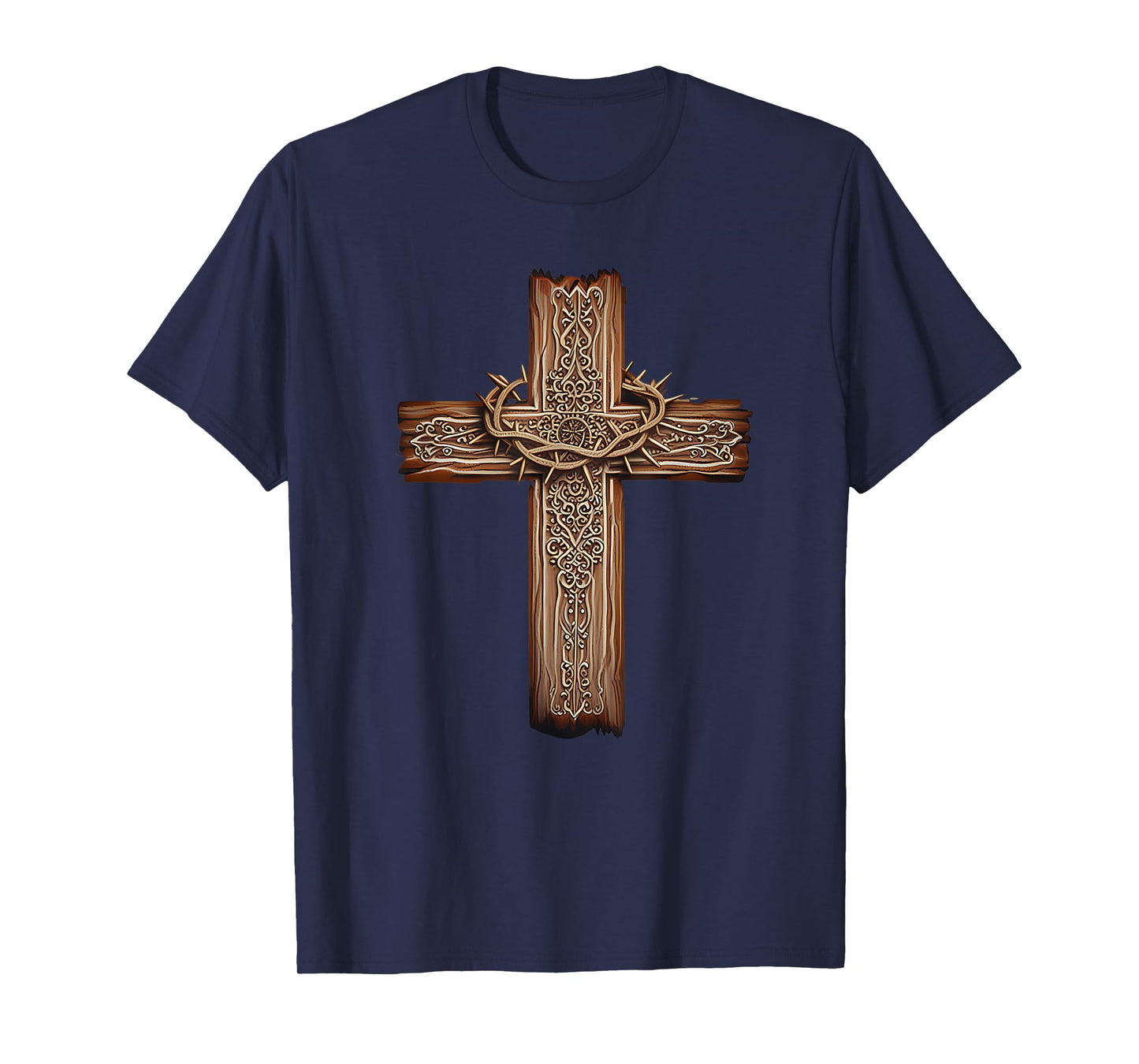 Rustic Wooden Cross Graphic Crown of Thorns Christian Faith T-Shirt