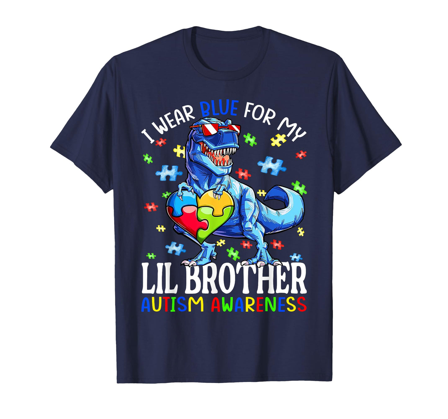 I Wear Blue For My Lil Brother Autism Awareness Dinosaur T-Shirt