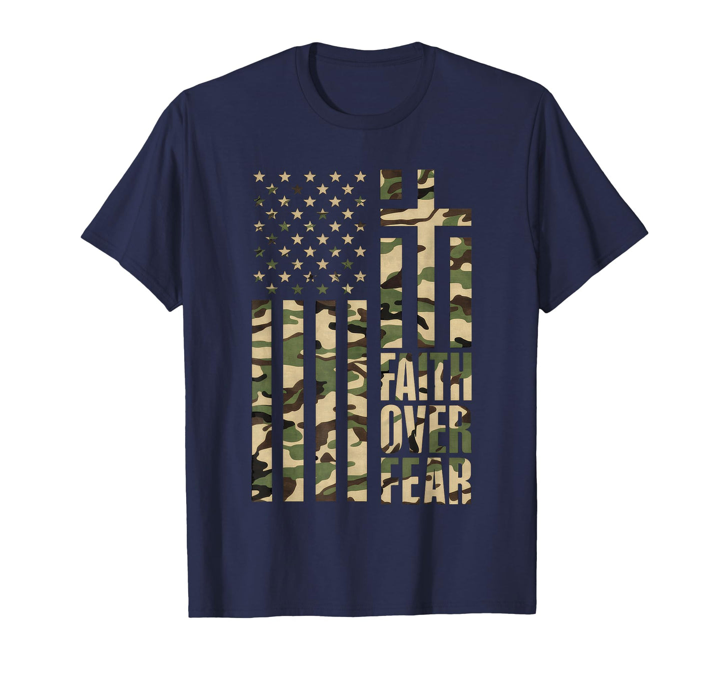 Christian USA Flag Cross Back Print Faith Over Fear Top T-Shirt