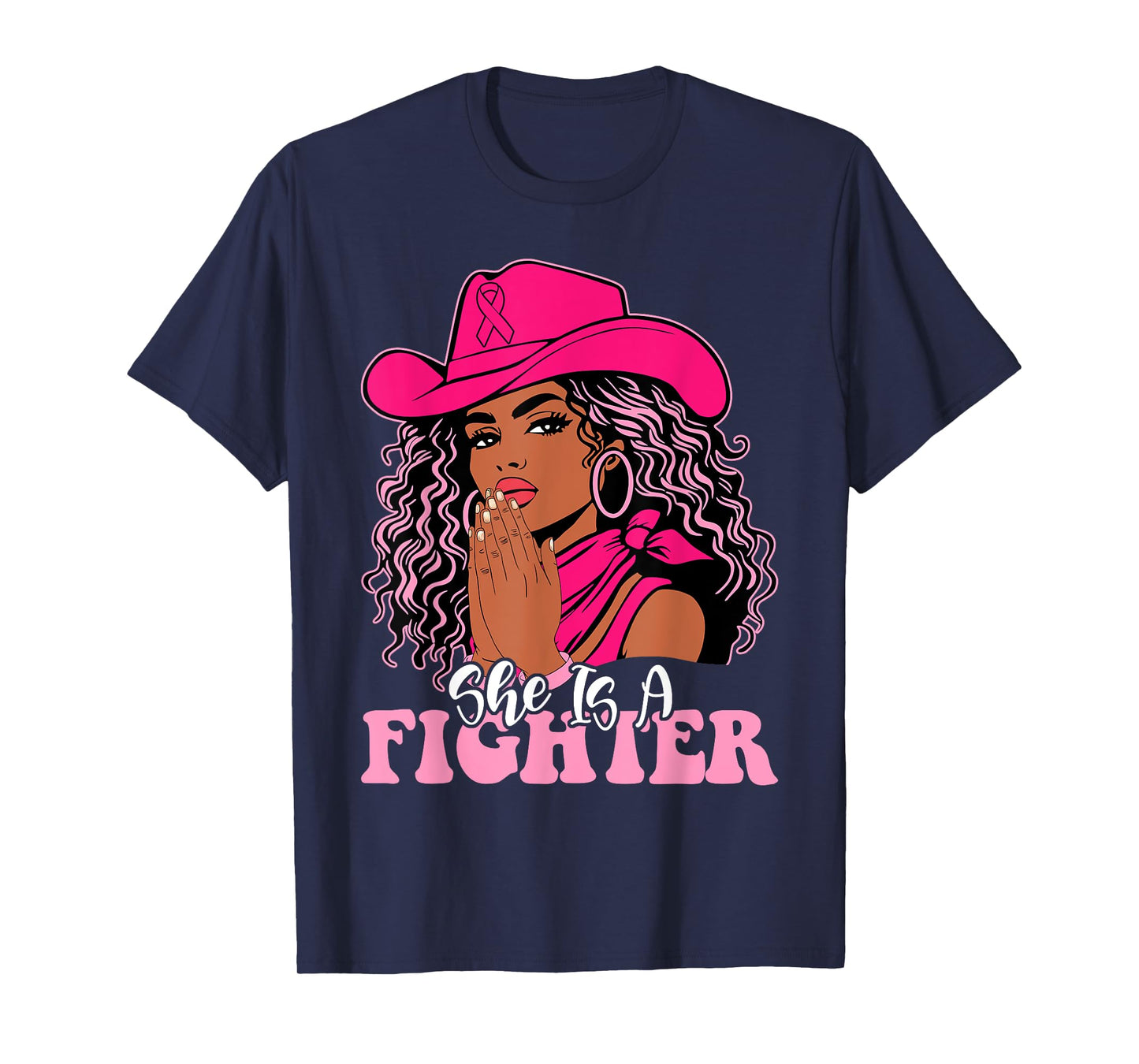 She is a Fighter Praying Black Cowgirl Afro Breast Cancer T-Shirt