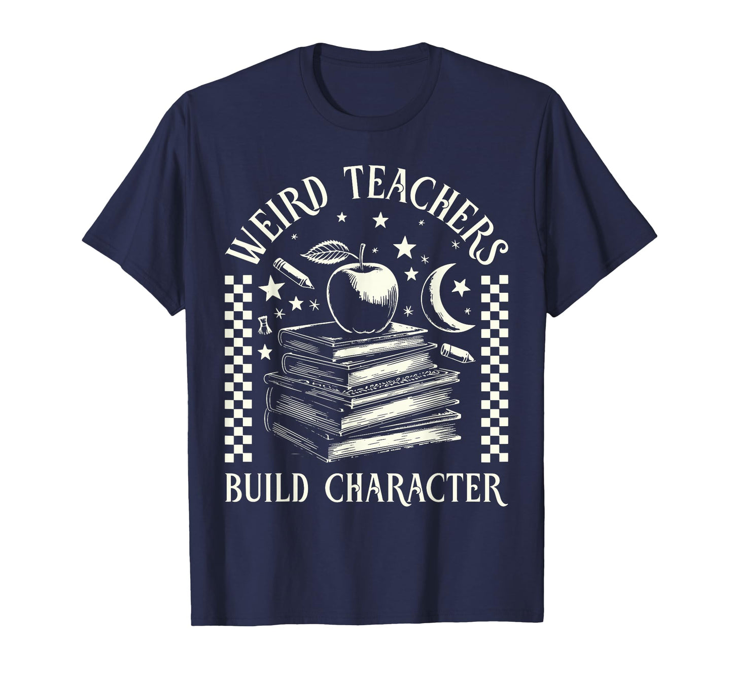 Retro Weird Teachers Build Character Book Stars Moon Teacher T-Shirt