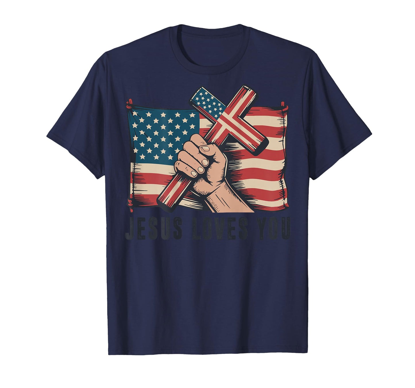 Mens Jesus Loves You Christian Patriotic Cross American Flag T-Shirt