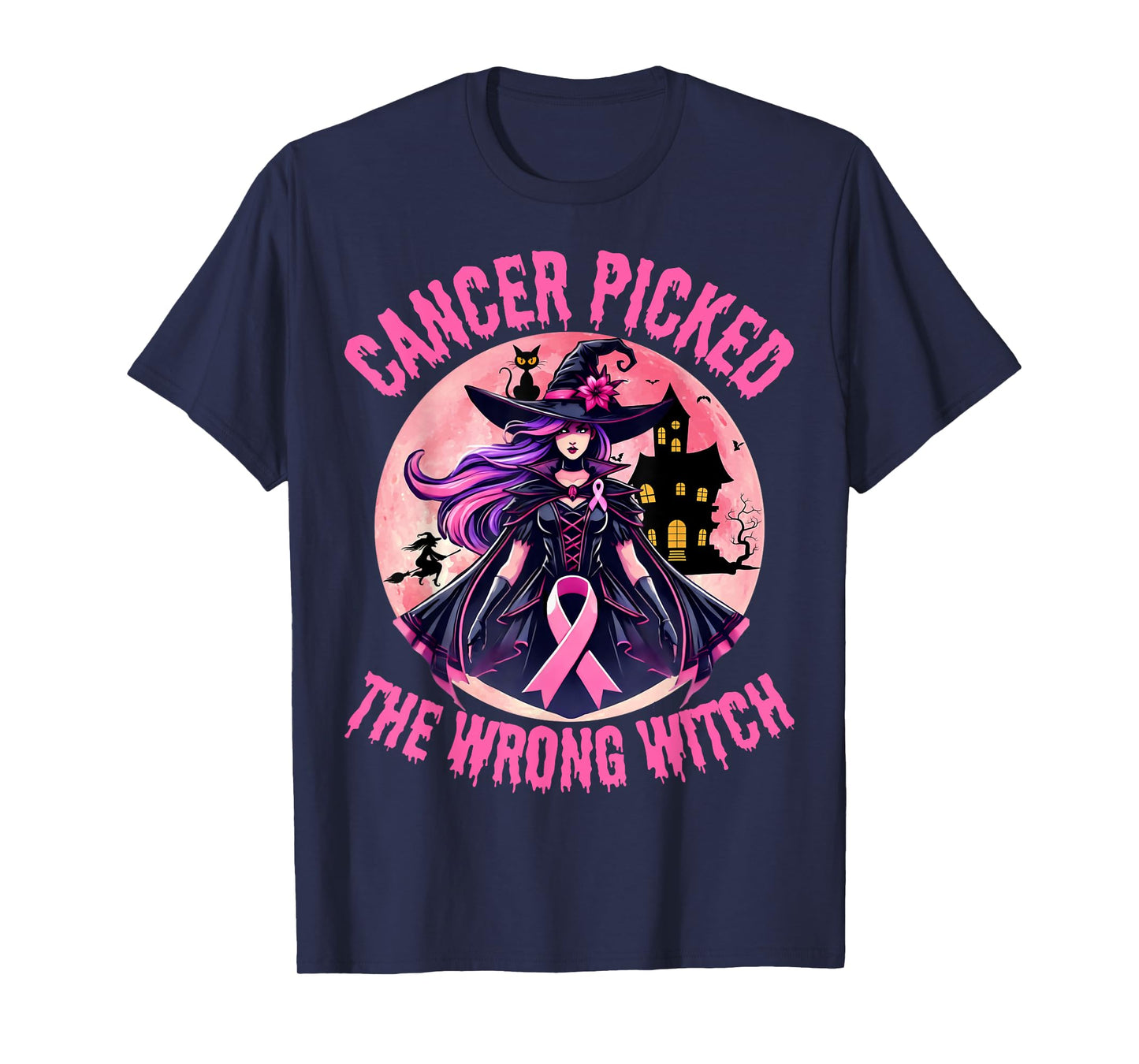 Breast Cancer Picked The Wrong Witch Halloween Melanin Cat T-Shirt