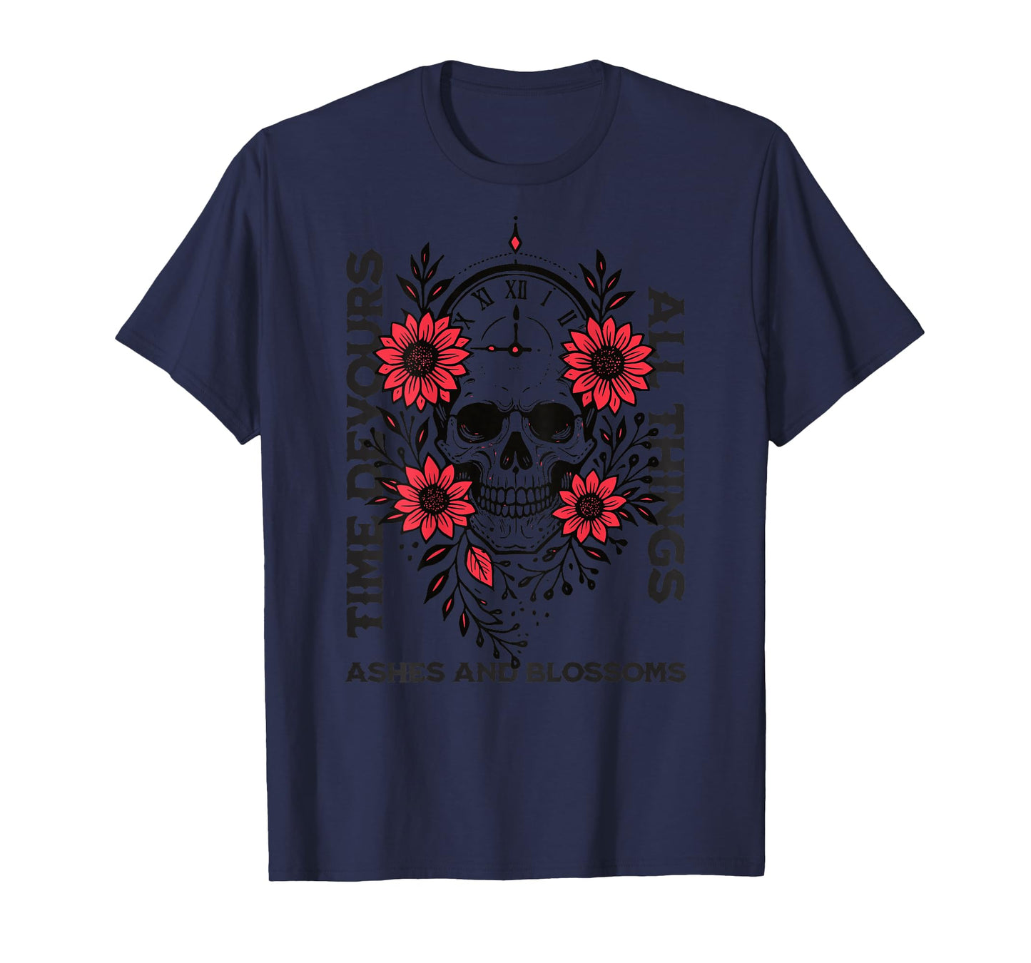 Time Devours All Things Gothic Skull Clock Tattoo Red Floral T-Shirt