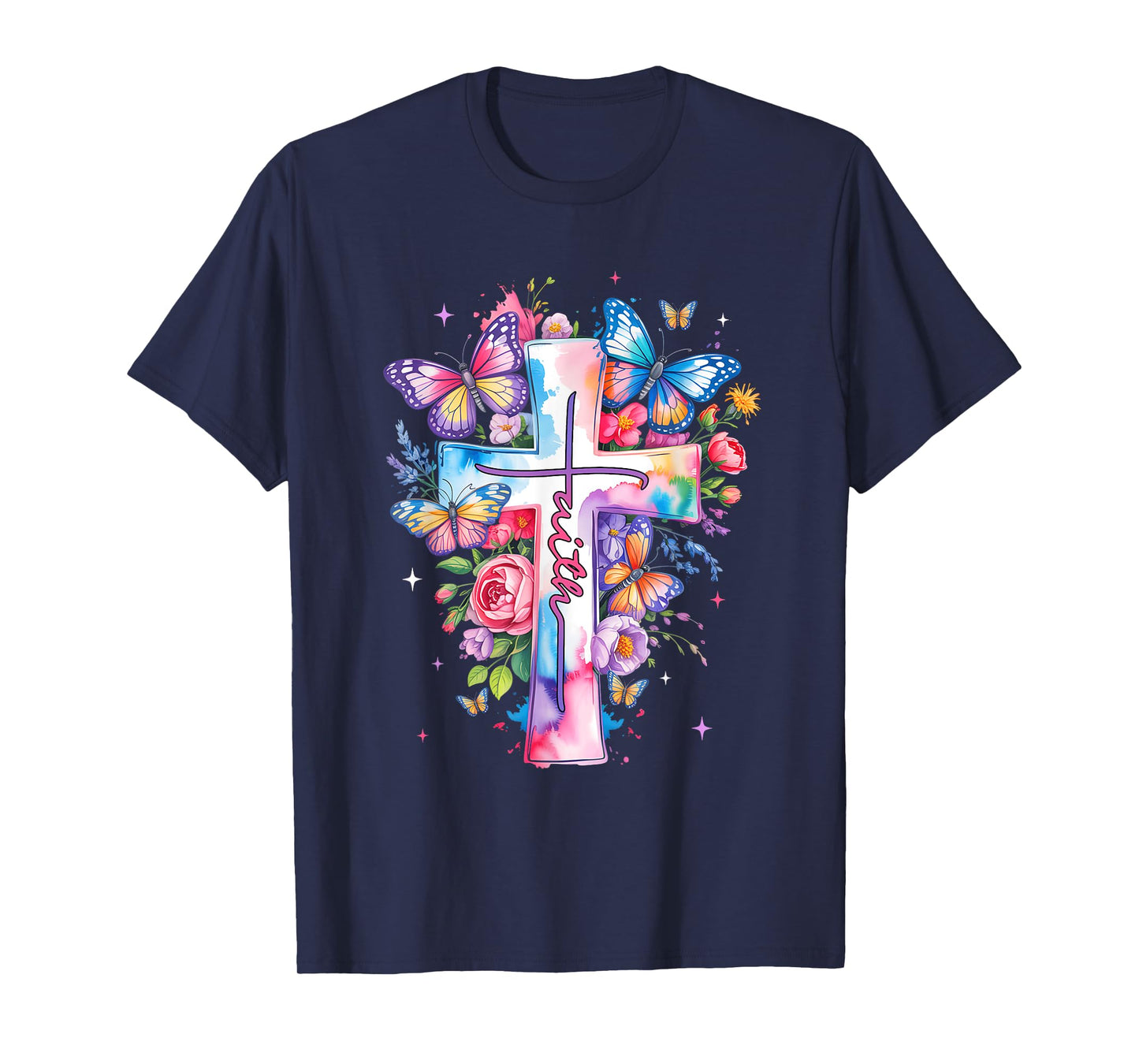 Faith Cross Floral Butterflies Christ Flowers Religious T-Shirt