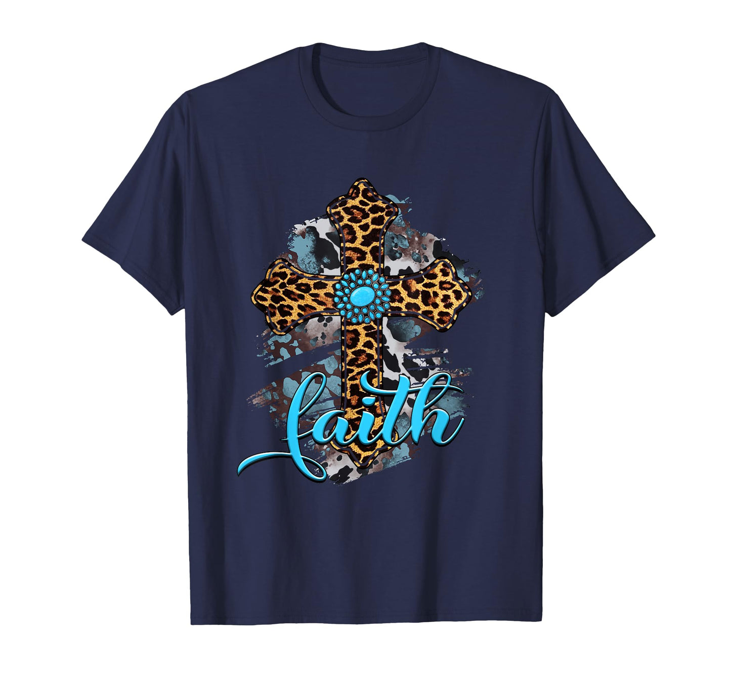 Western Boho Christian Turquoise Leopard Faith Cross Jesus T-Shirt