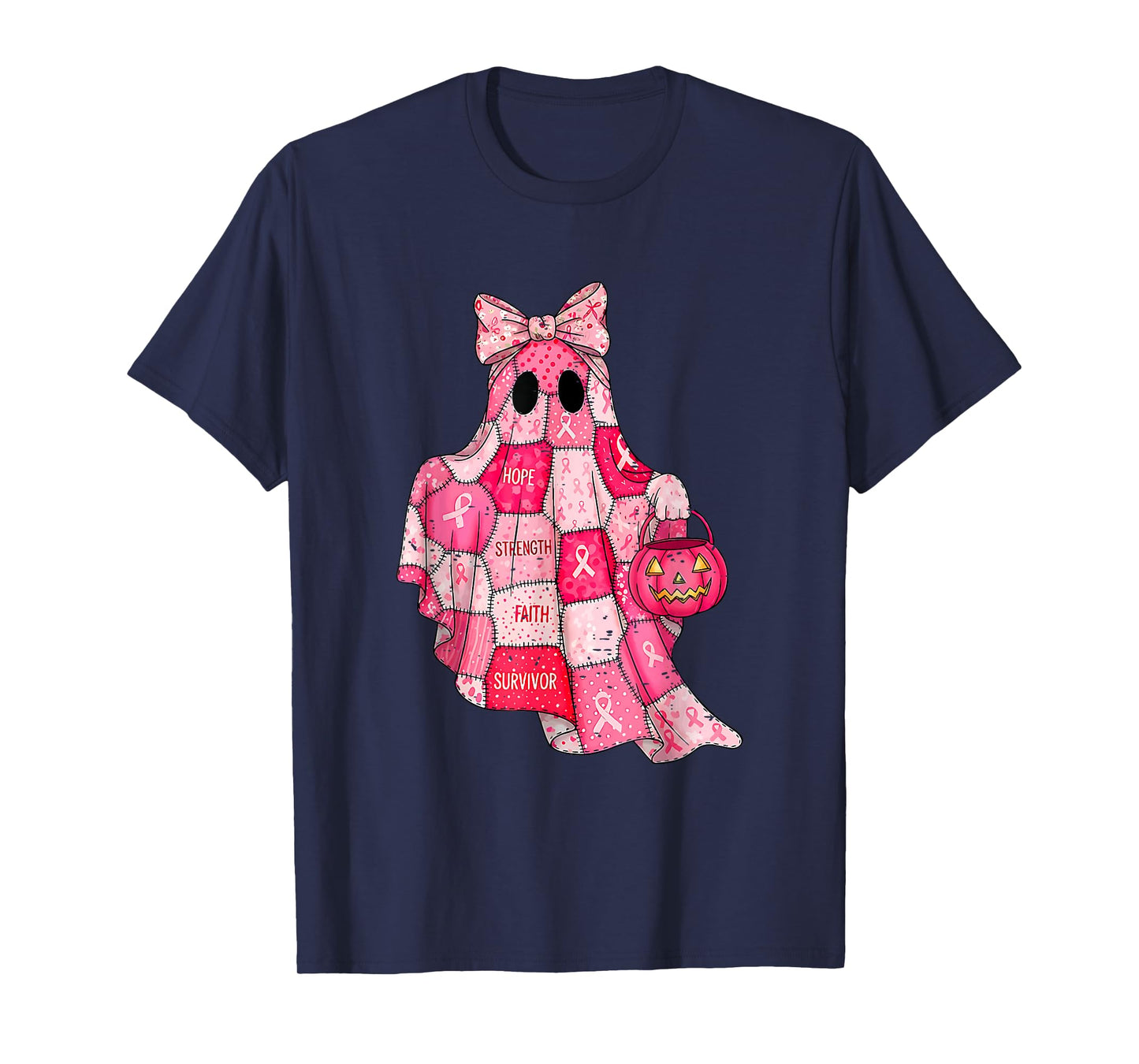 Faith Hope Strength Breast Cancer Awareness Pink Ghost Bow T-Shirt