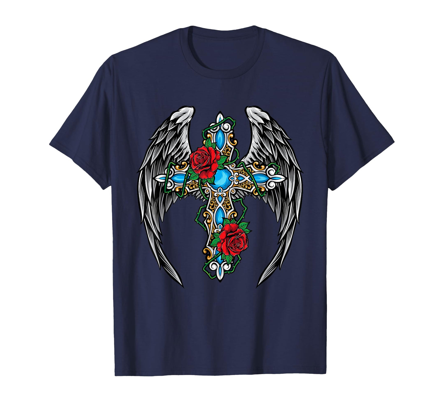 Christian Cross Vintage Rose Flower Cross Wings Religion T-Shirt