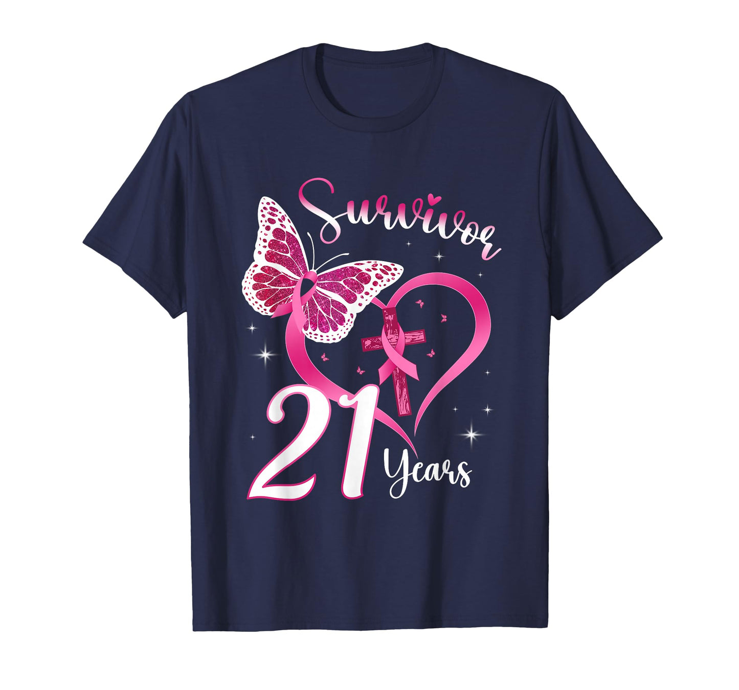Breast Cancer Survivor Pink Ribbon Butterfly 21 Years Gift T-Shirt