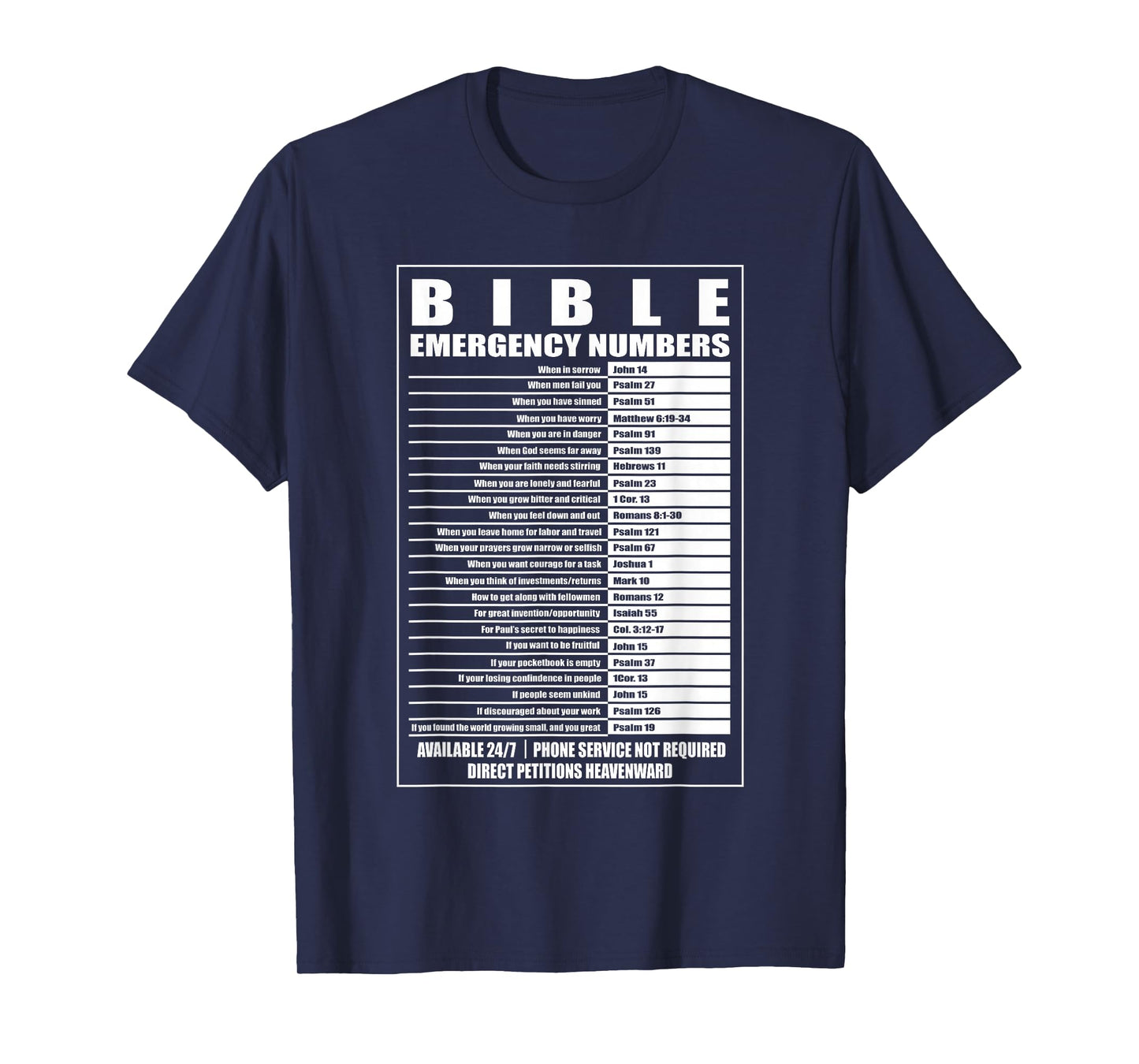 Bible Emergency Numbers Religious Christian T-Shirt
