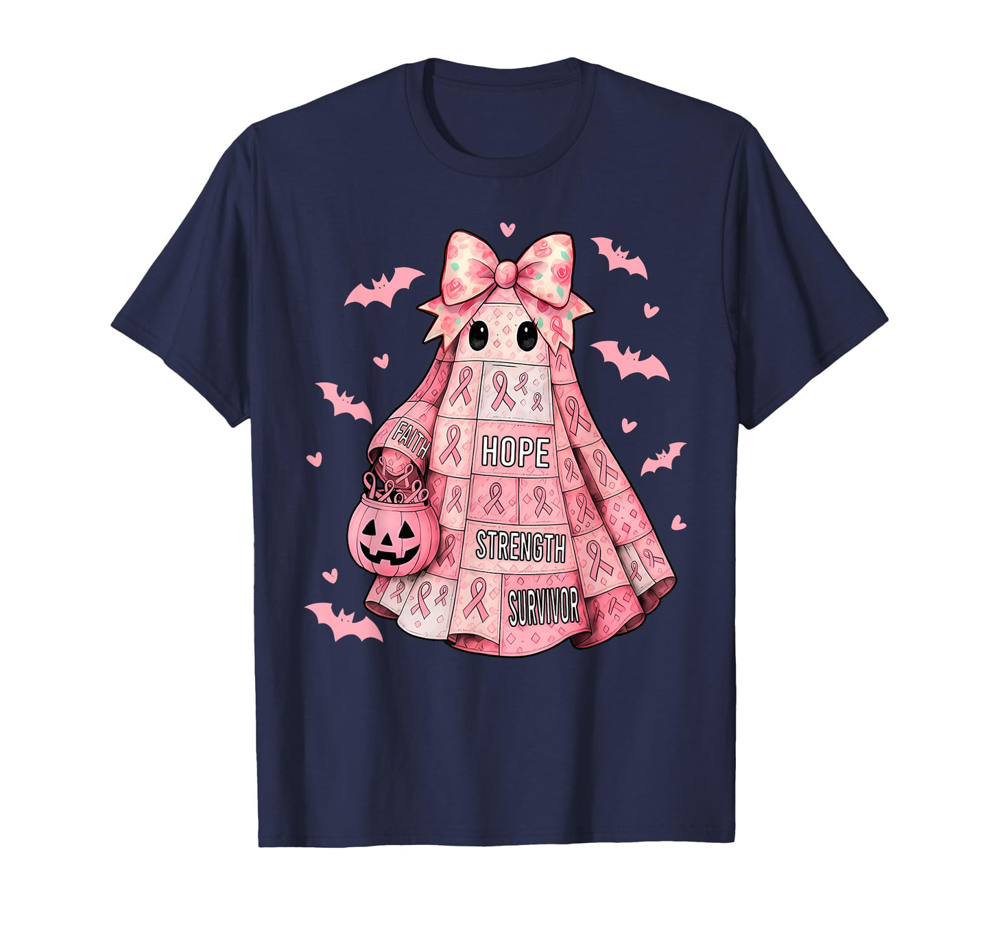 Pink Ribbon Patchwork Ghost Halloween Spooky Breast Cancer T-Shirt