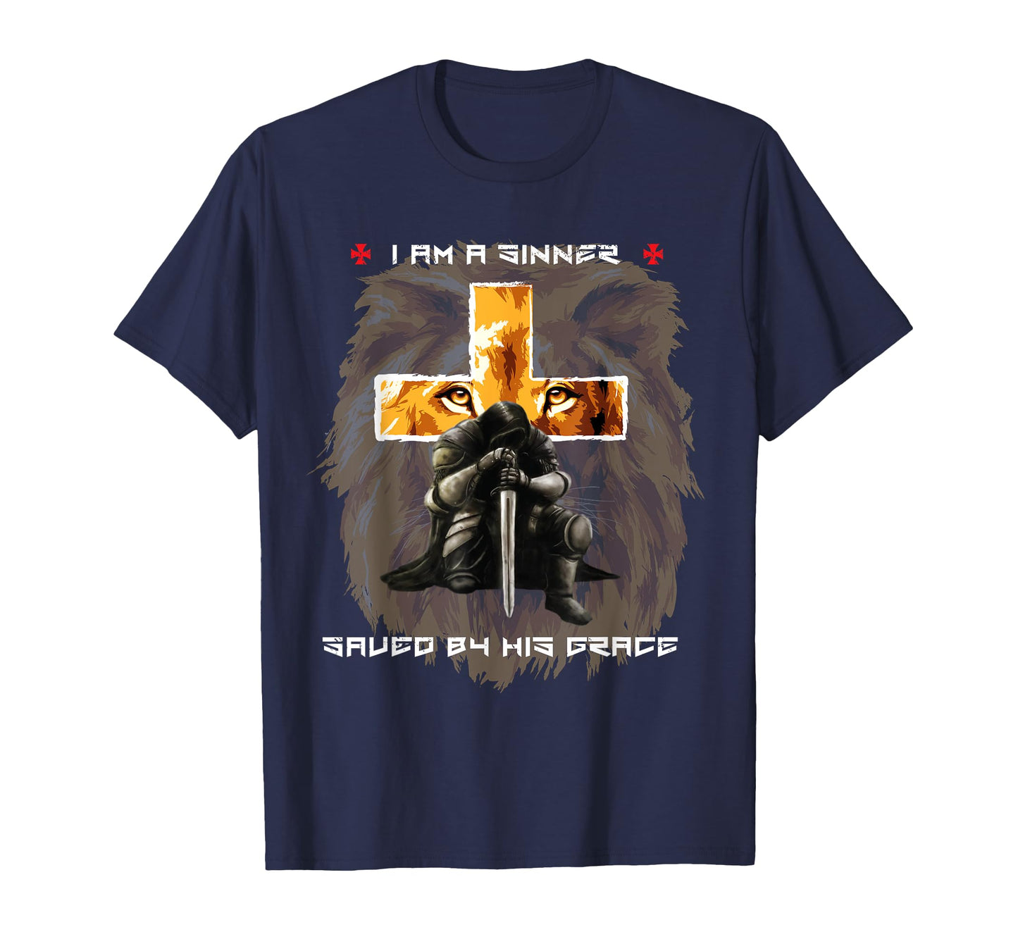 Sinner Saved By Gods Grace Christian Messages Lion Cross T-Shirt