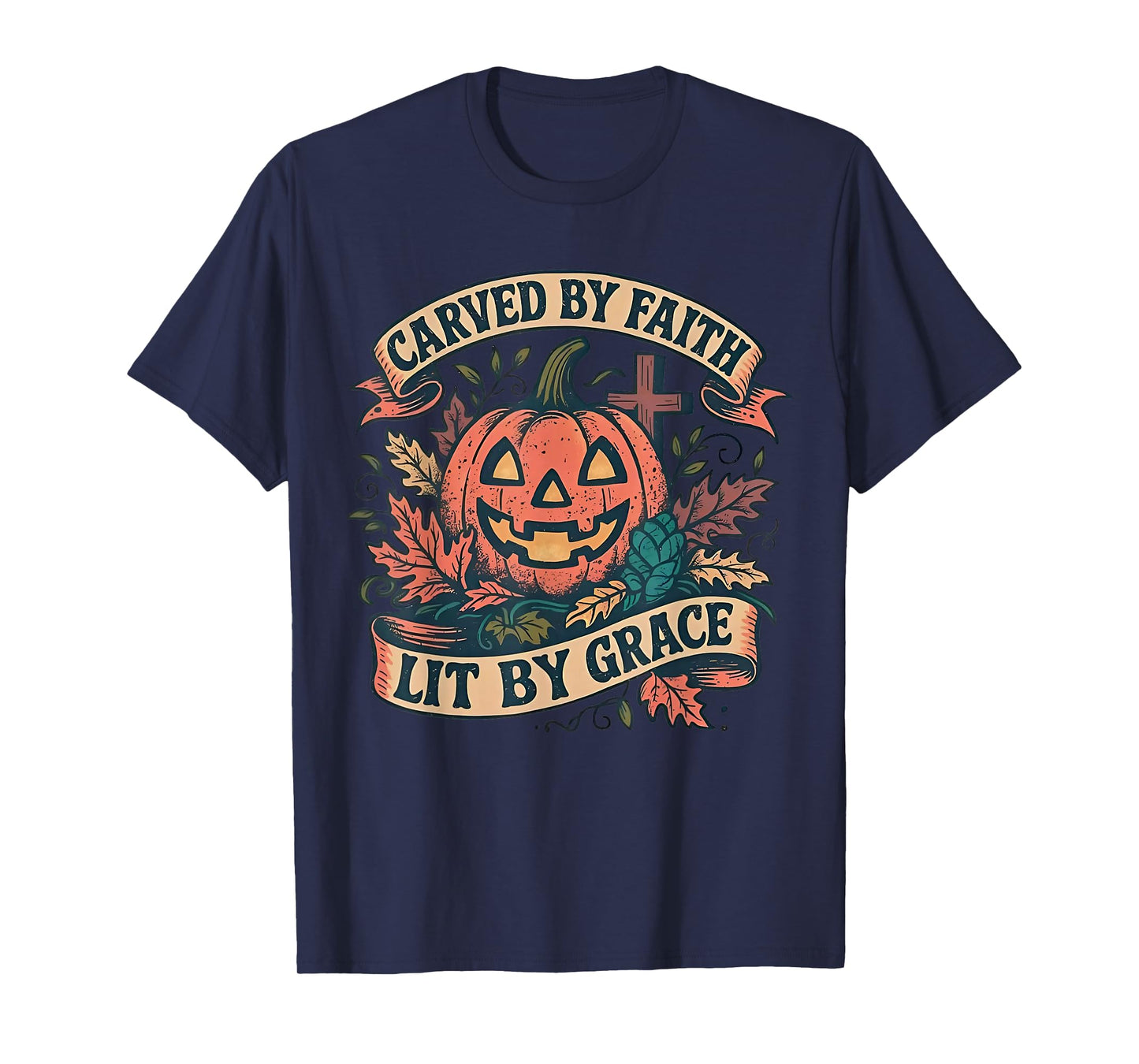 Vintage Carved by Faith Lit by Grace Boho Floral Pumpkin T-Shirt