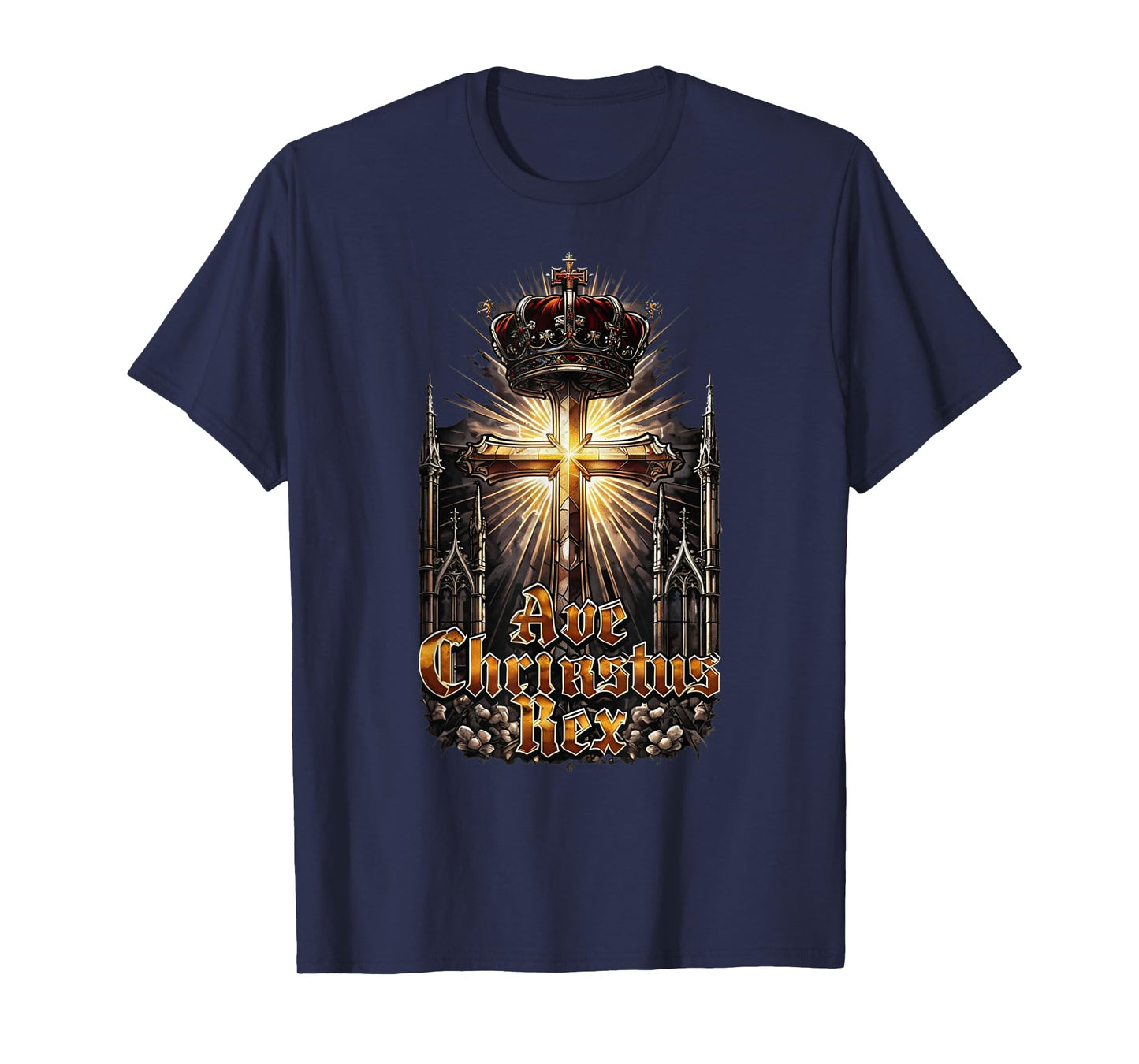 Ave Christus Rex – Majestic Cross with Crown T-Shirt
