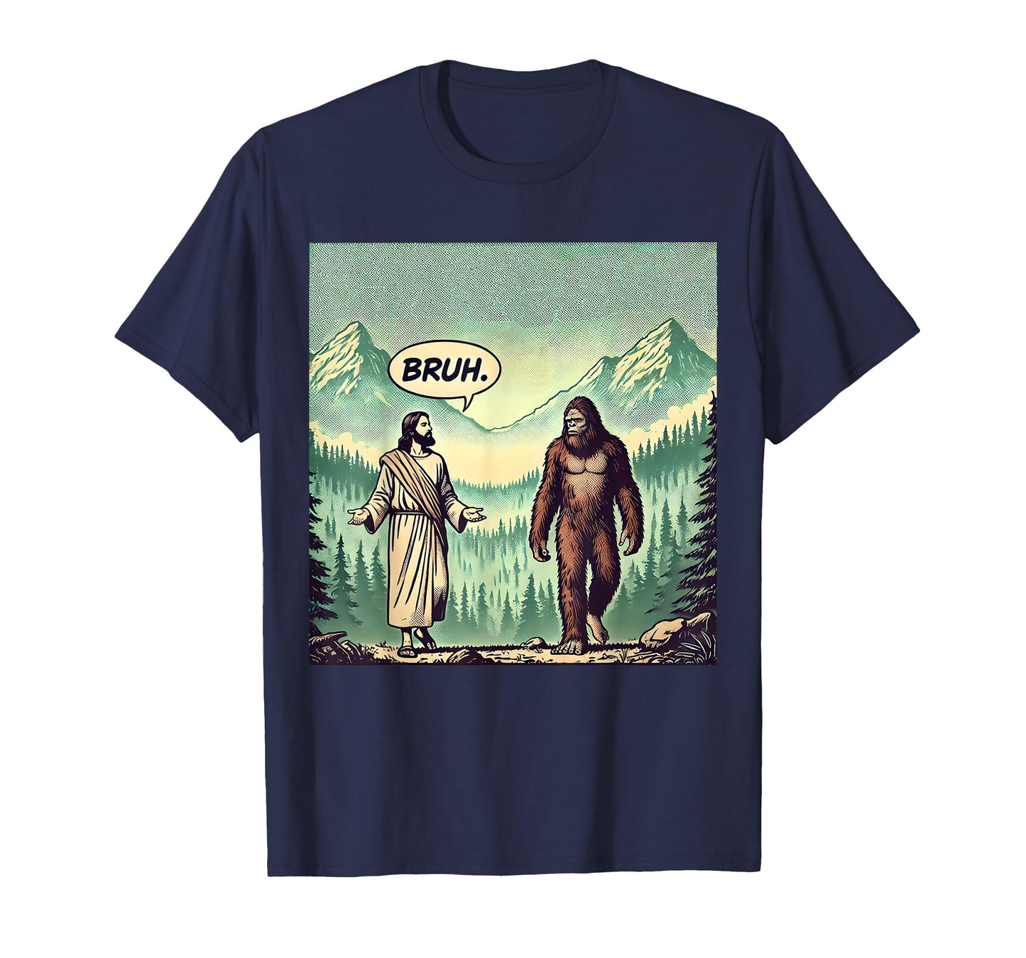 Bruh Meme Funny Jesus Bigfoot Vintage Comic Book Catholic T-Shirt