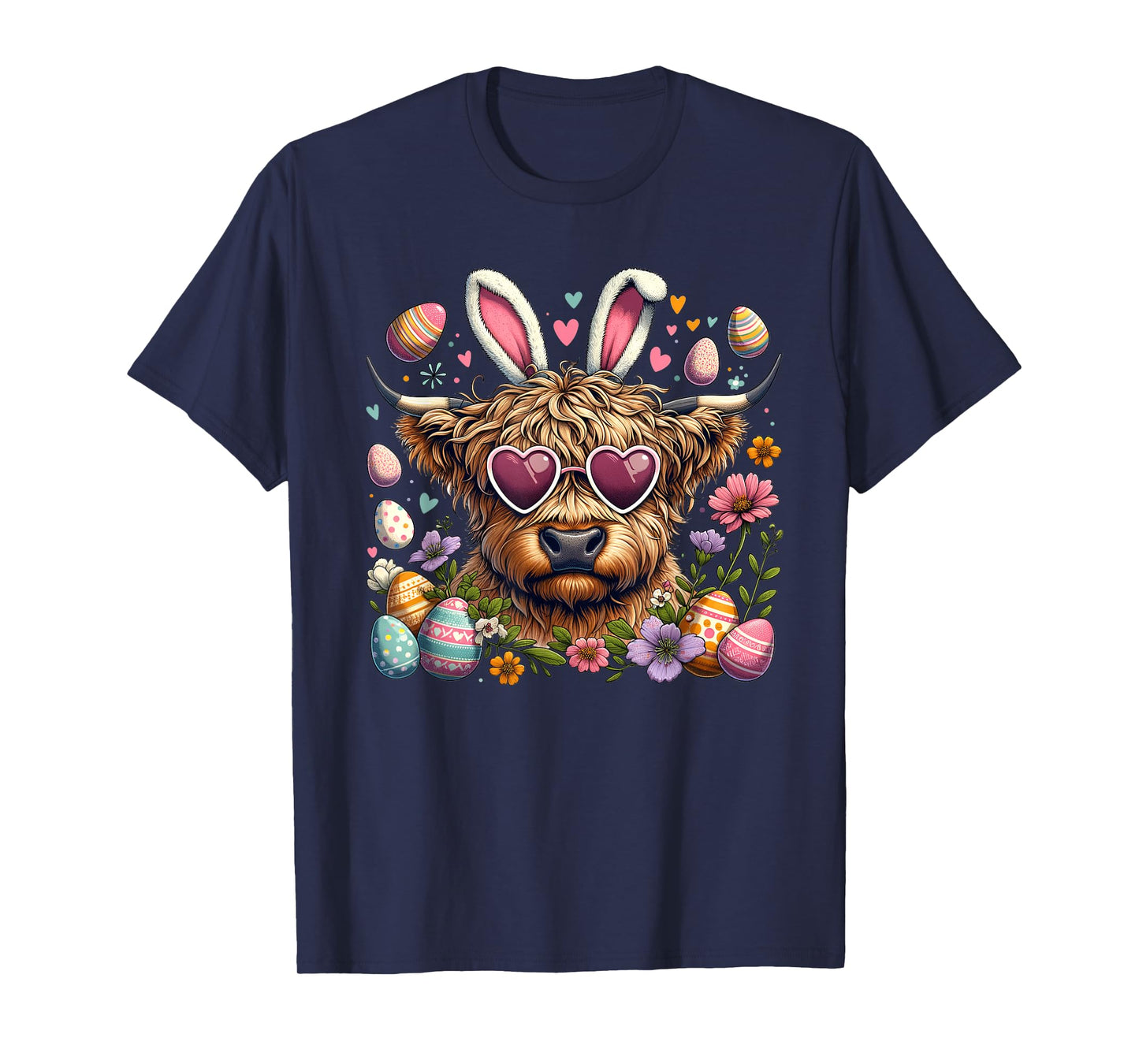 Happy Easter Day Highland Cow Retro Easter Bunny Women Kids T-Shirt
