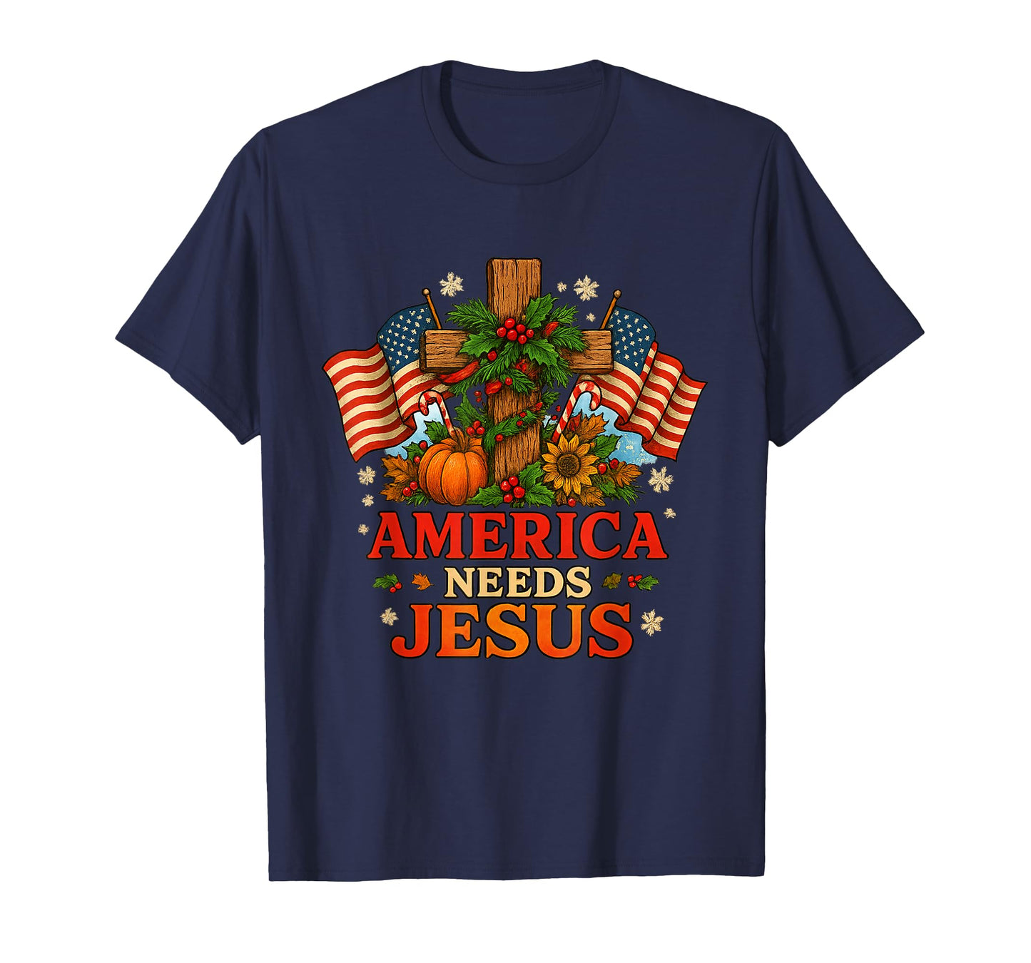 America Needs Jesus Christian Christmas Patriotic US Flags T-Shirt