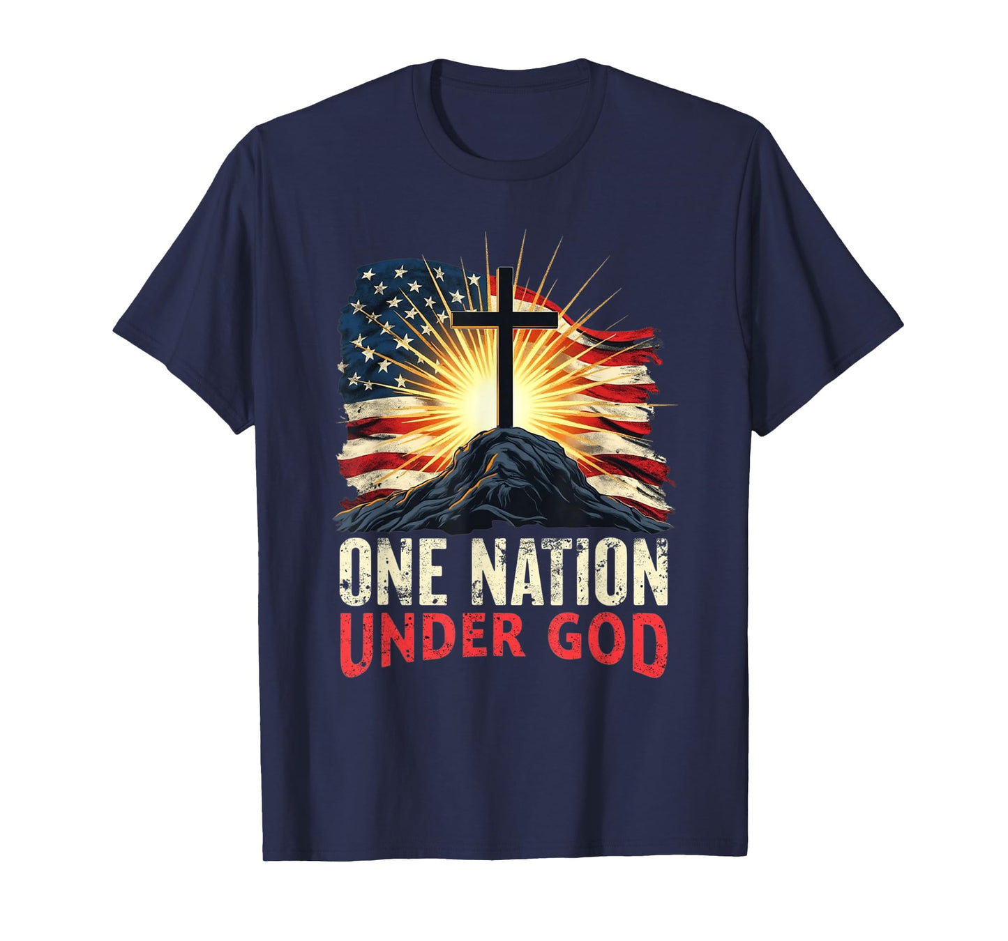 American Flag Cross Sunrise Patriotic Christian Faith Retro T-Shirt