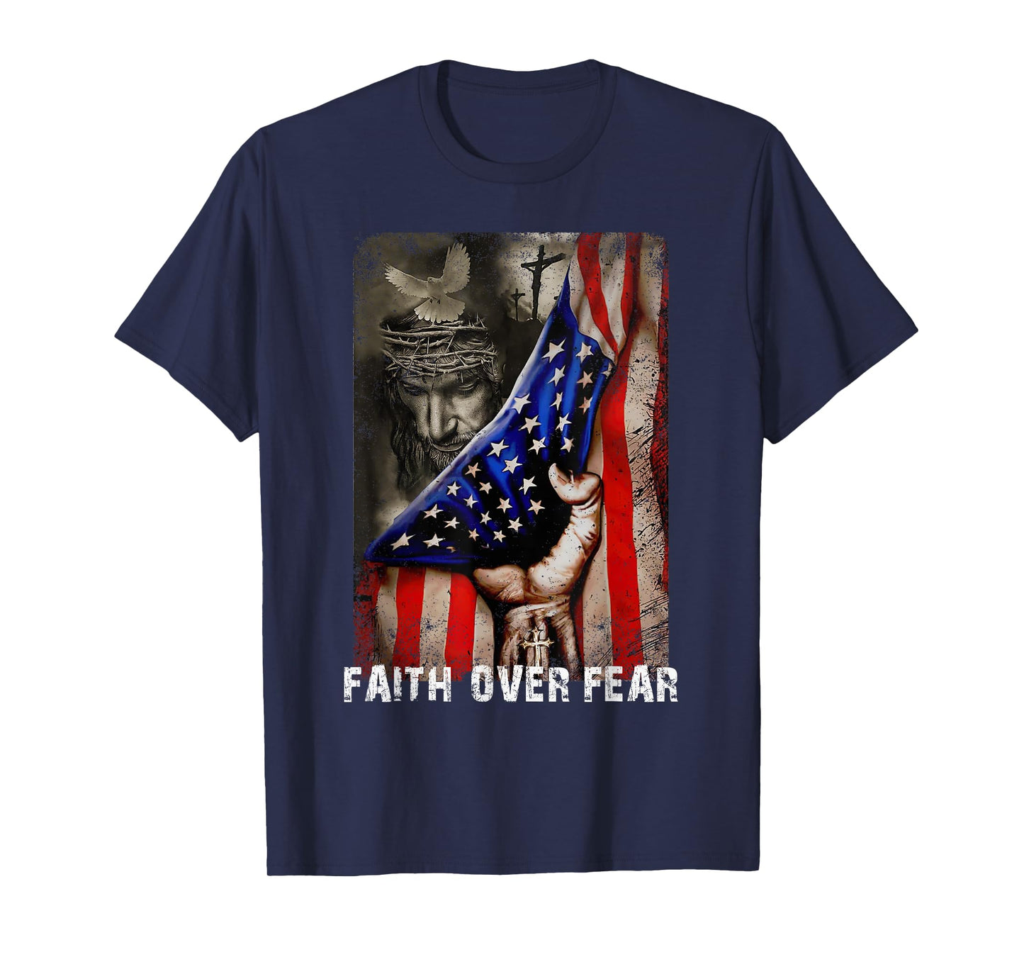 Vintage Faith Over Fear God Jesus Christian Flag 4th Of July T-Shirt for Women Kids Men