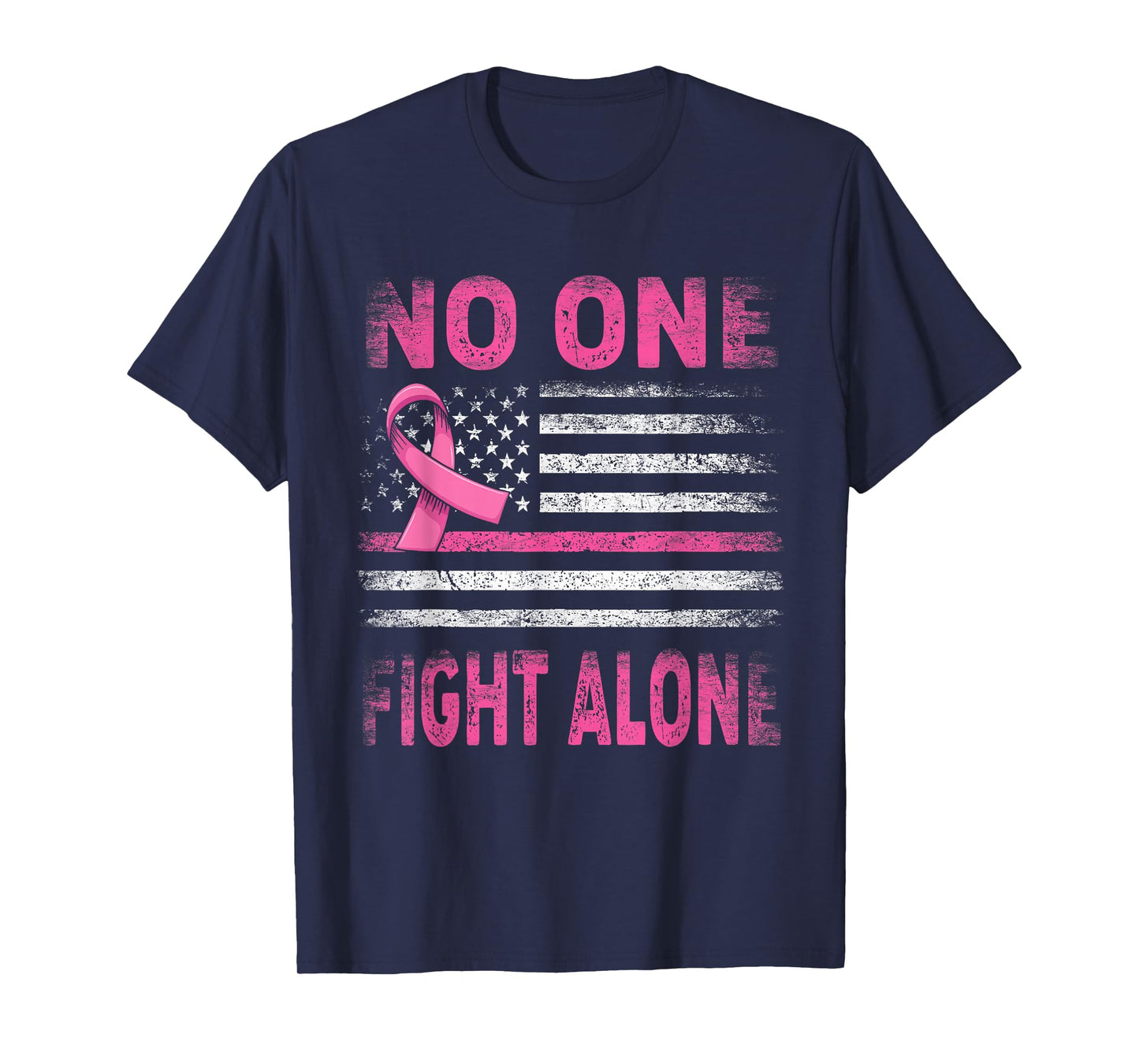 No One Fights Breast Cancer Alone American Flag Pink Ribbon T-Shirt
