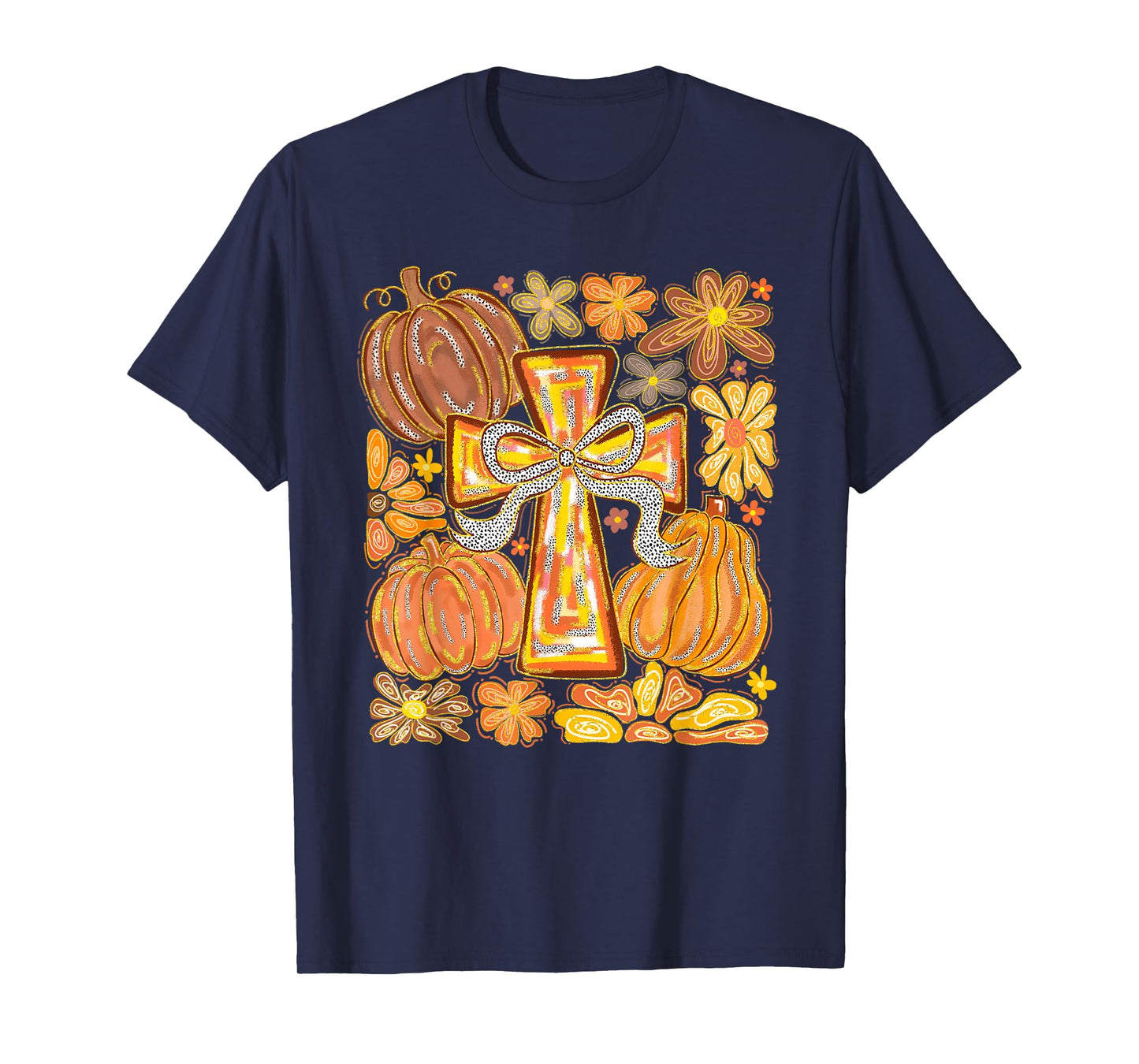 Fall Cross Pumpkins & Flowers Christian Autumn Faith Women T-Shirt