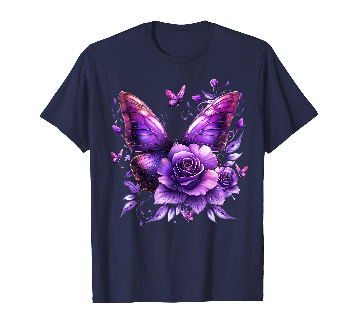Floral Beautiful Purple Butterfly Lover Rose Flower Women T-Shirt