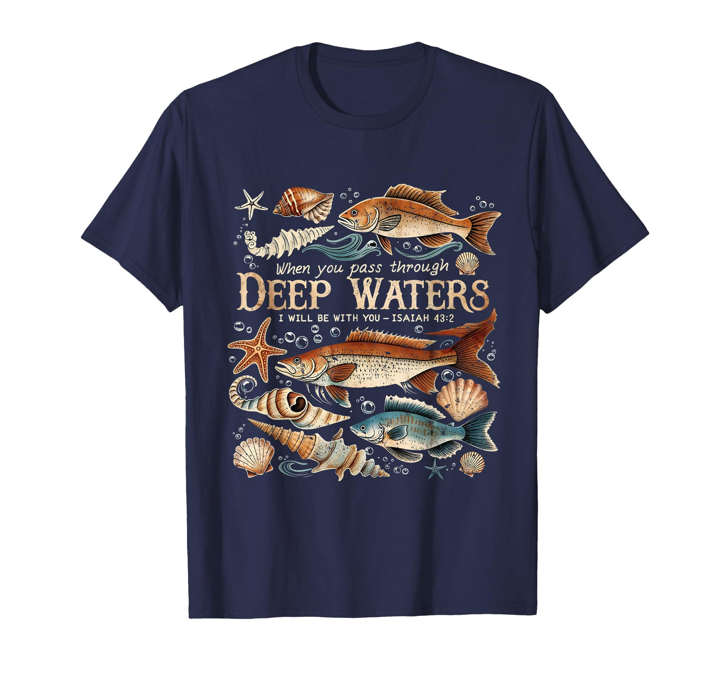 Deep Waters Isaiah 43:2 Bible Ocean Fish Scene T-Shirt