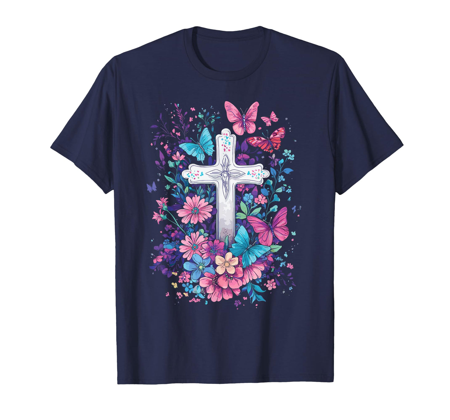 Christian Cross With Floral Butterflies for Easter T-Shirt