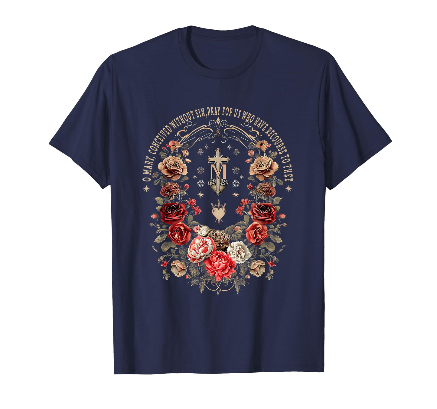 Marian Catholic Virgin Mary Marian Floral Cross Religious T-Shirt