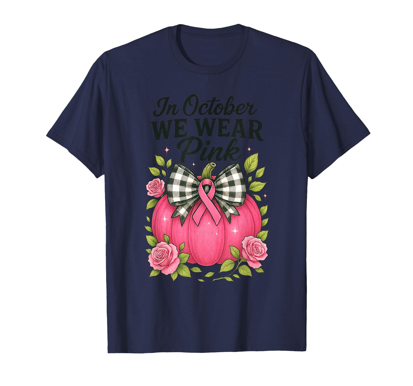 Bow Pumpkin in October We Wear Pink Breast Cancer Awareness T-Shirt