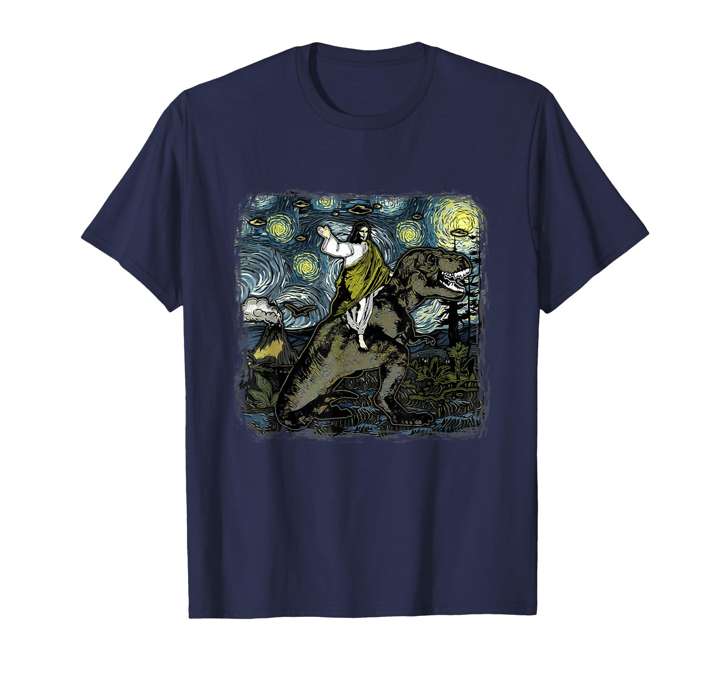 Jesus Riding Dinosaur Starry Night Funny Men Women UFOs T-Shirt