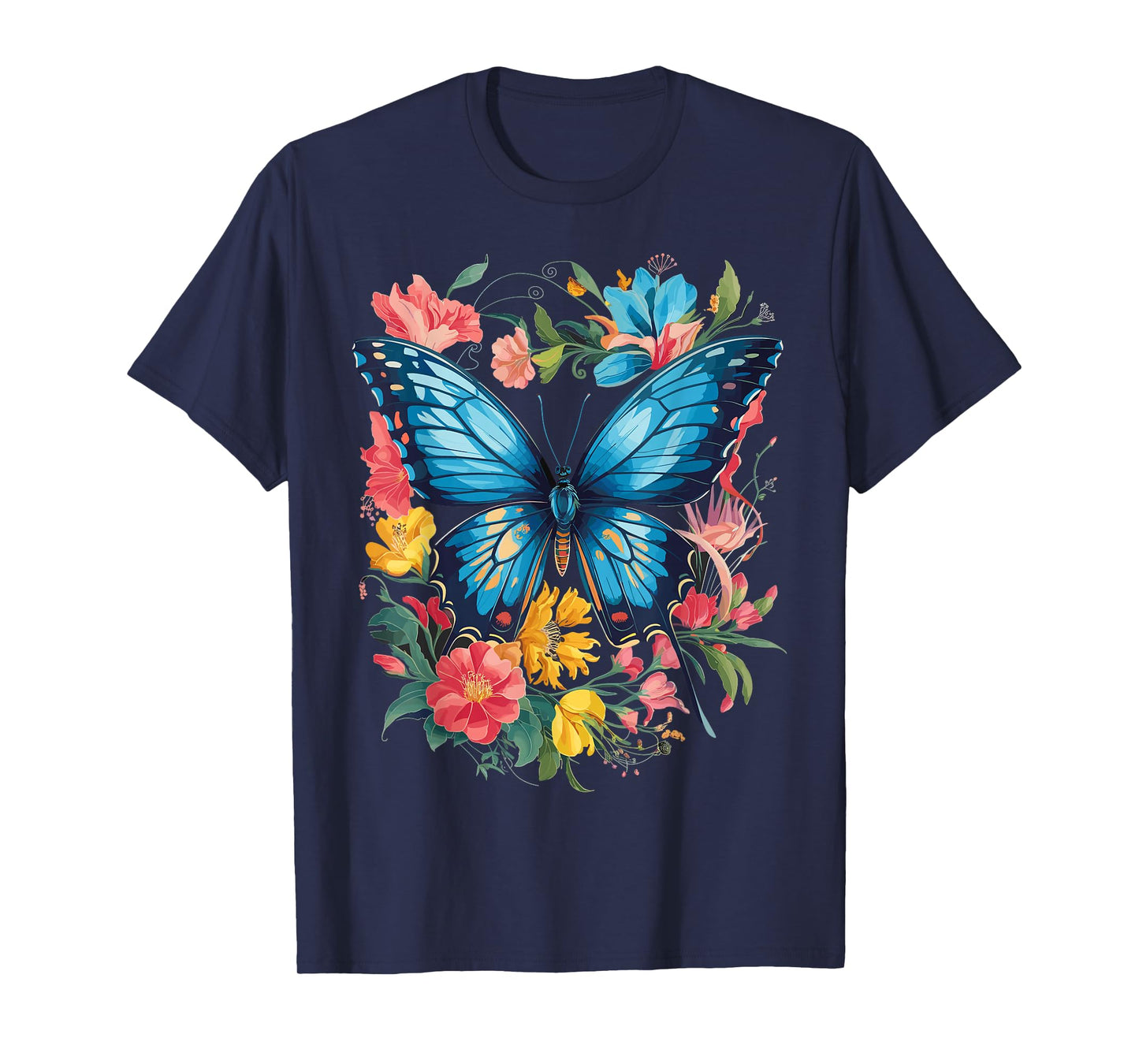 Blue Butterfly and Floral Nature Aesthetic Artwork Butterfly T-Shirt