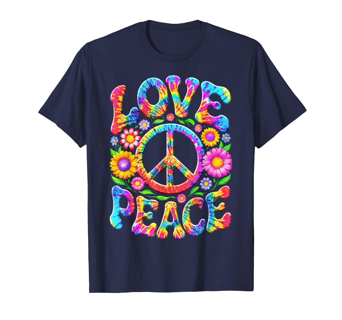 Colorful Flowers Love Peace Sign 60s 70s Tie Dye Floral T-Shirt