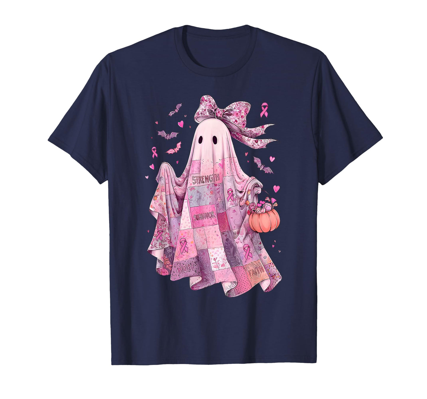 Breast Cancer Awareness Ghost, Pink Ribbon Patchwork Ghost T-Shirt