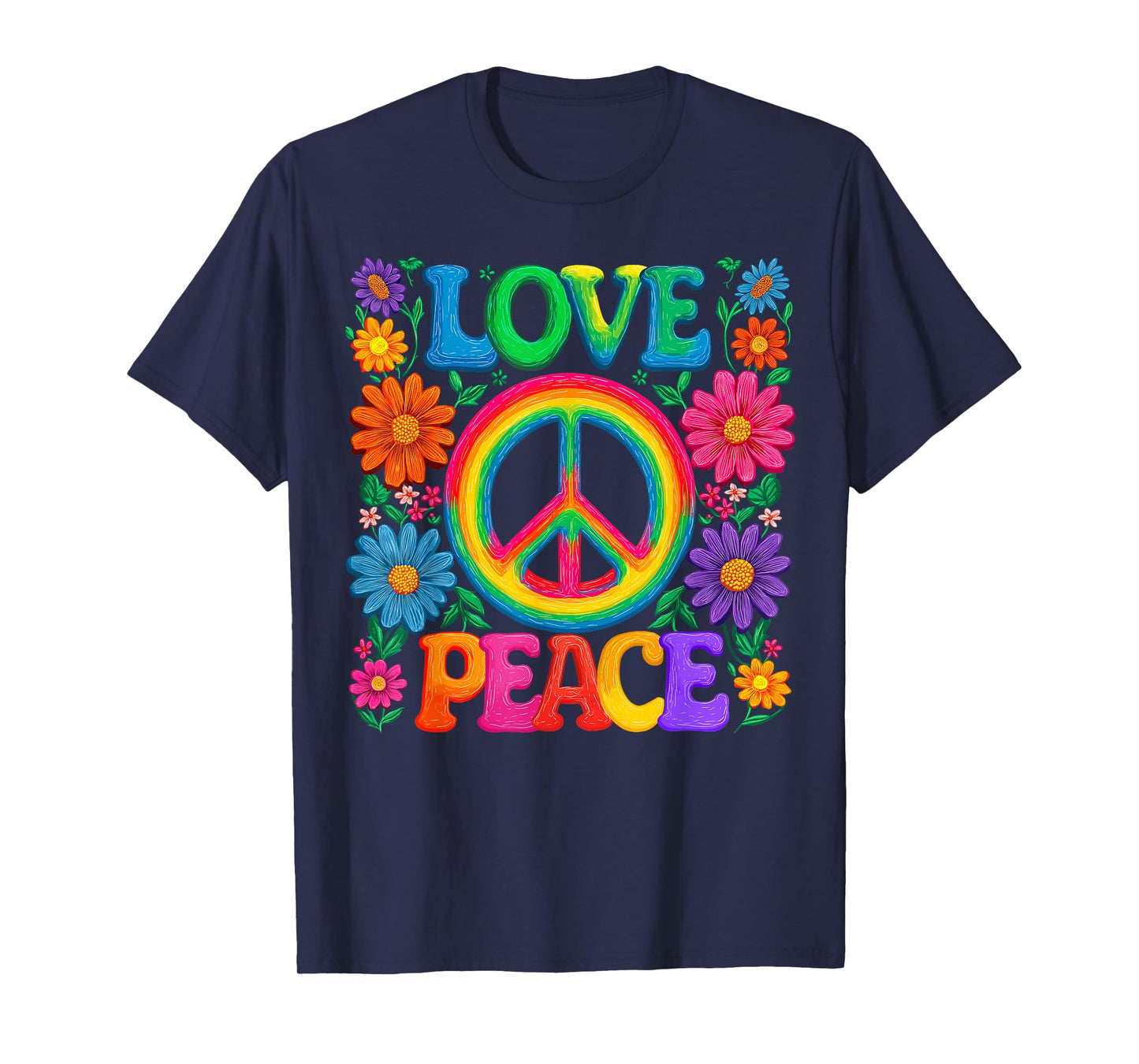 Floral Peace Love Sign Flowers 60s 70s Hippie Costume Party T-Shirt
