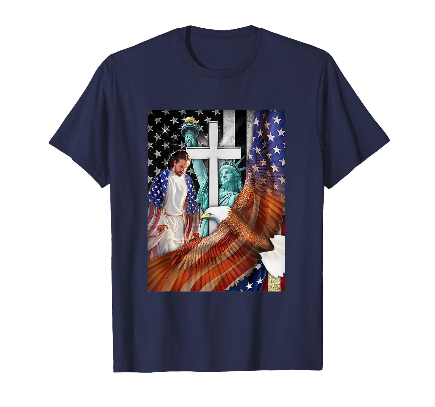 Bald Eagle with Jesus Christ and American Flag Women Kids Men T-Shirt
