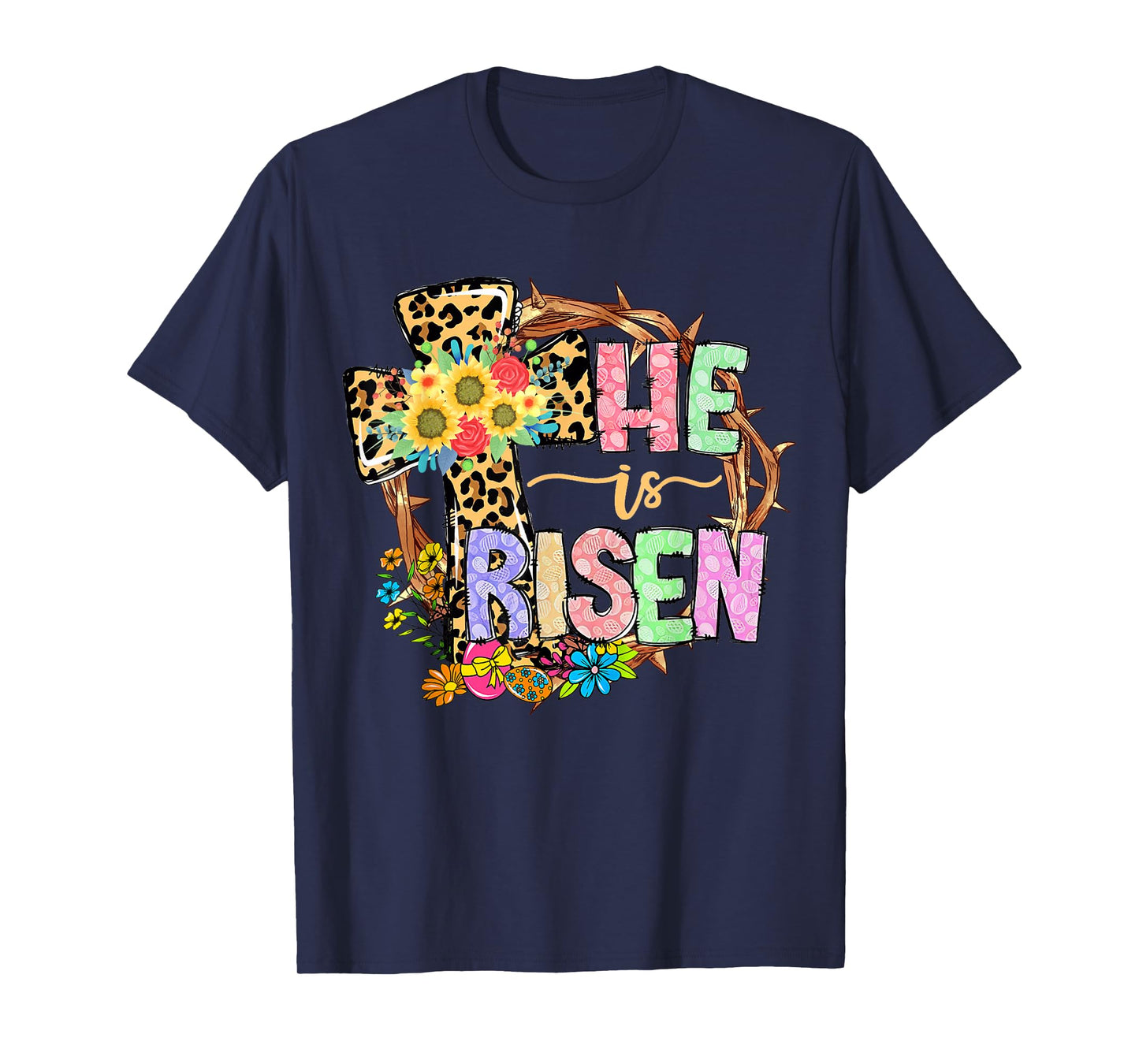 He Is Risen Floral Jesus Easter Day Christians Leopard Cross T-Shirt