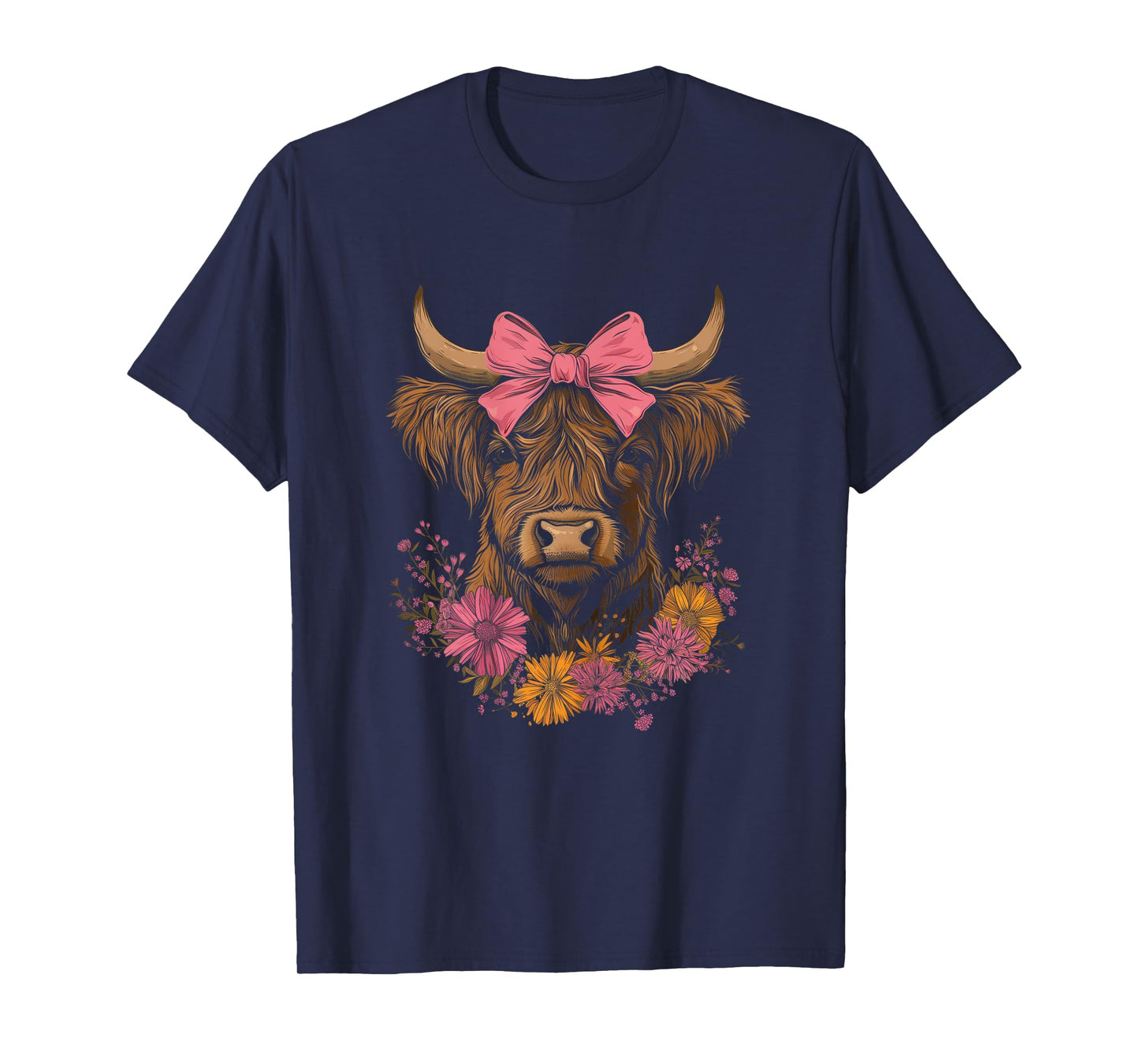 Highland Cow Pink Bow Flowers Girls Cute Farming Farm Farmer T-Shirt