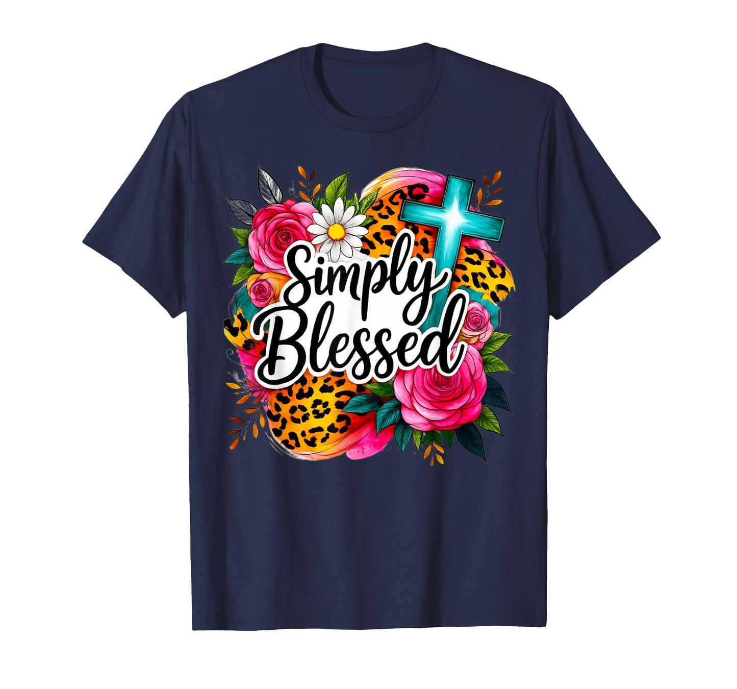Simply Blessed Floral Cross Faith Design T-Shirt