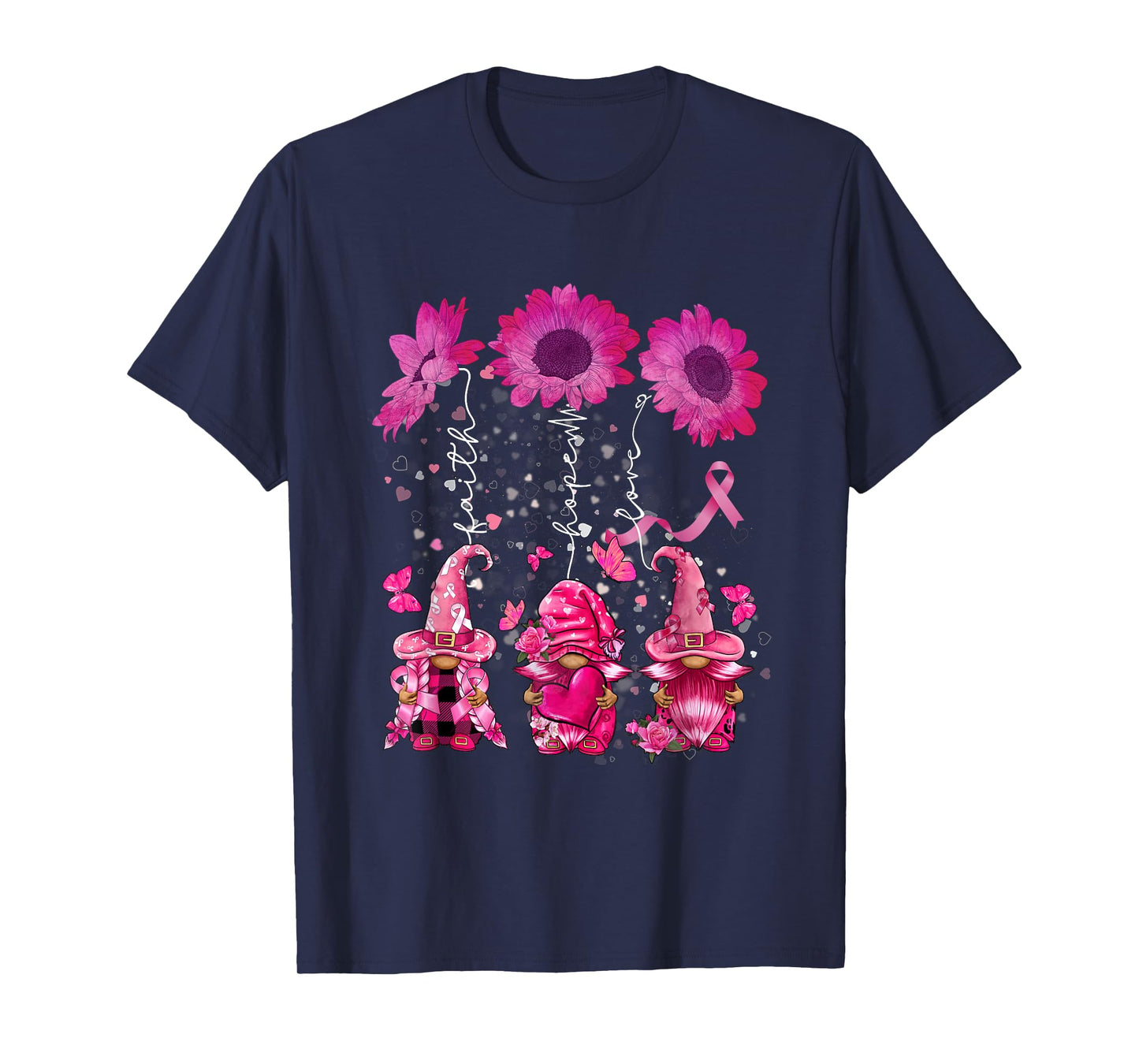 Faith Hope Love Gnome Ribbon Breast Cancer Awareness Flower T-Shirt
