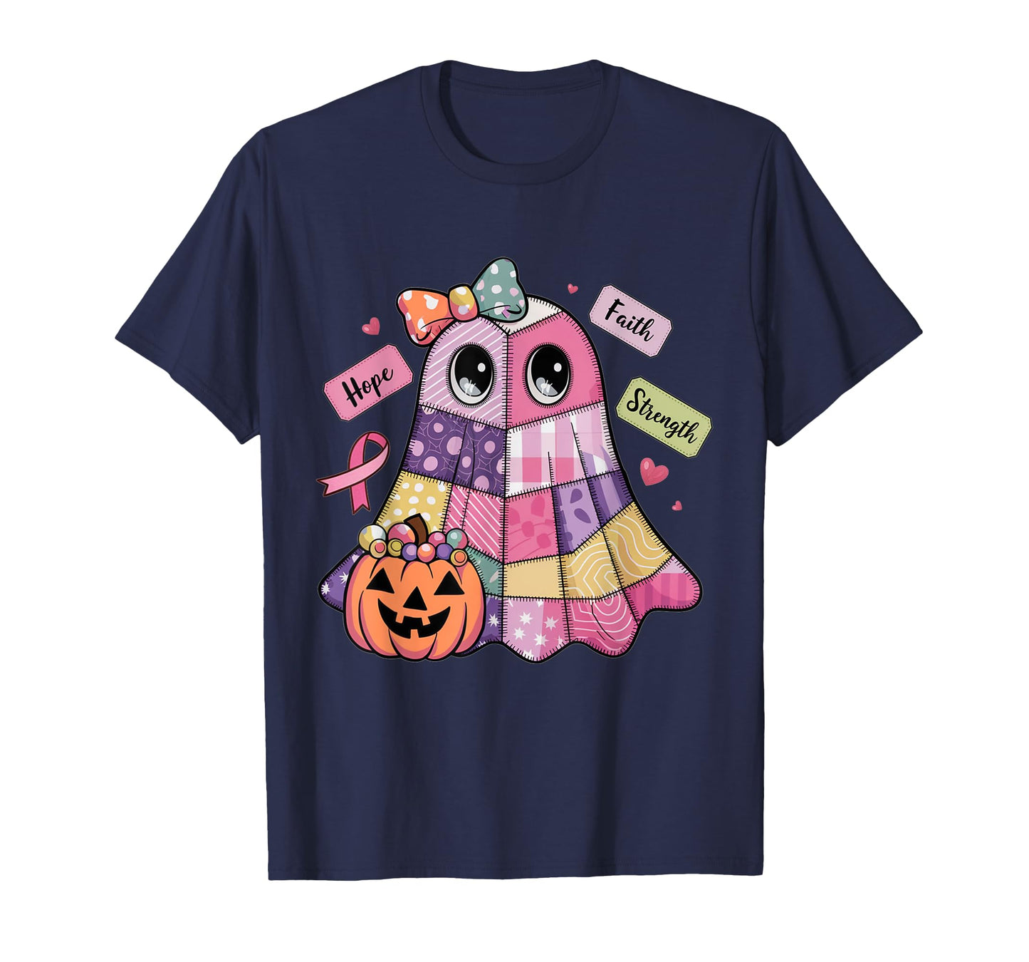 Faith Hope Strength Ghost Breast Cancer Awareness Halloween T-Shirt