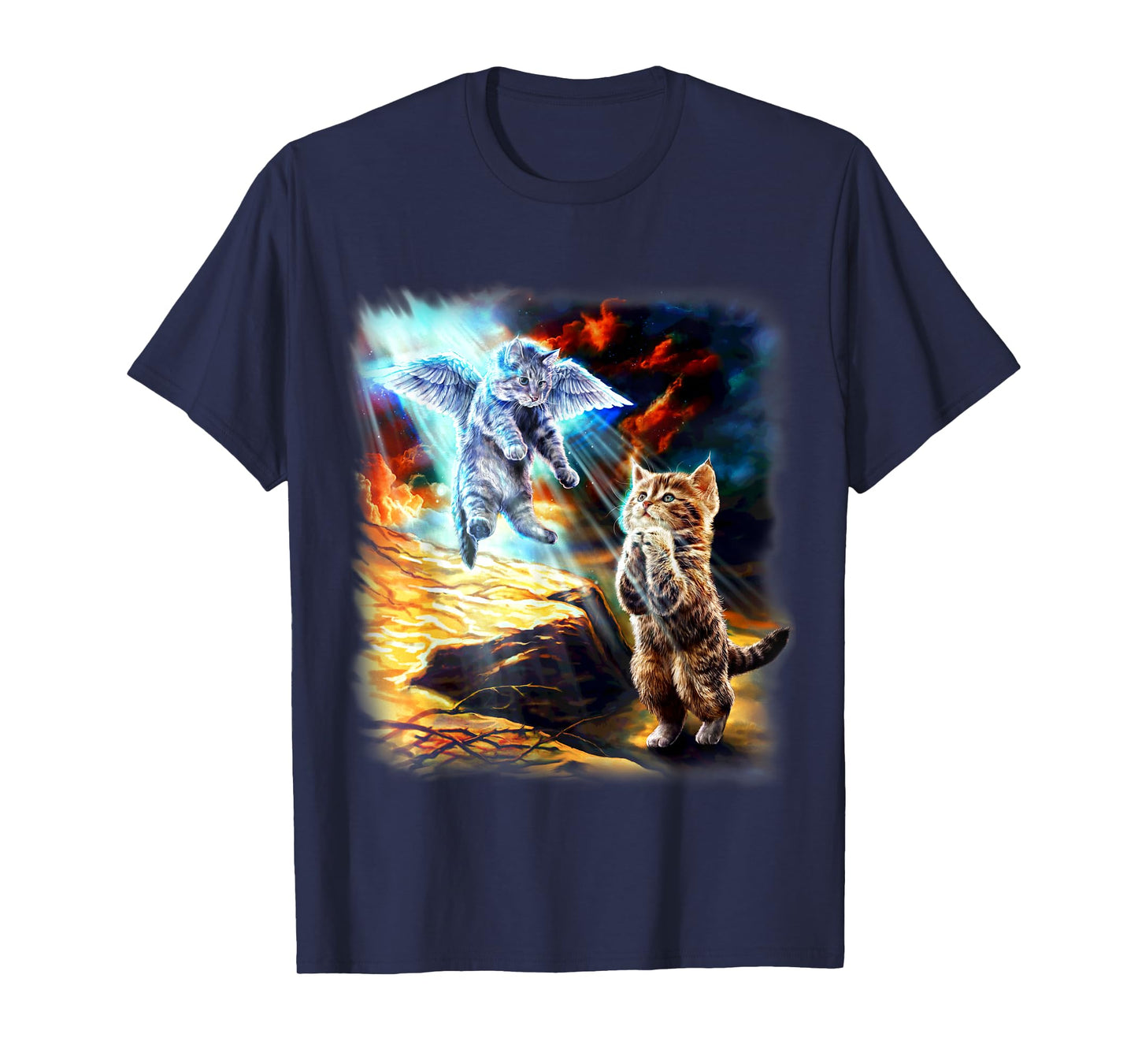 Angel Cat and Praying Companion in Fiery Sky Men Women Kids T-Shirt
