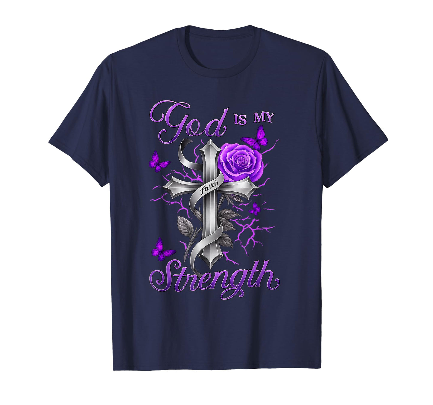 God is My Strength Purple Rose Cross Faith Apparel T-Shirt