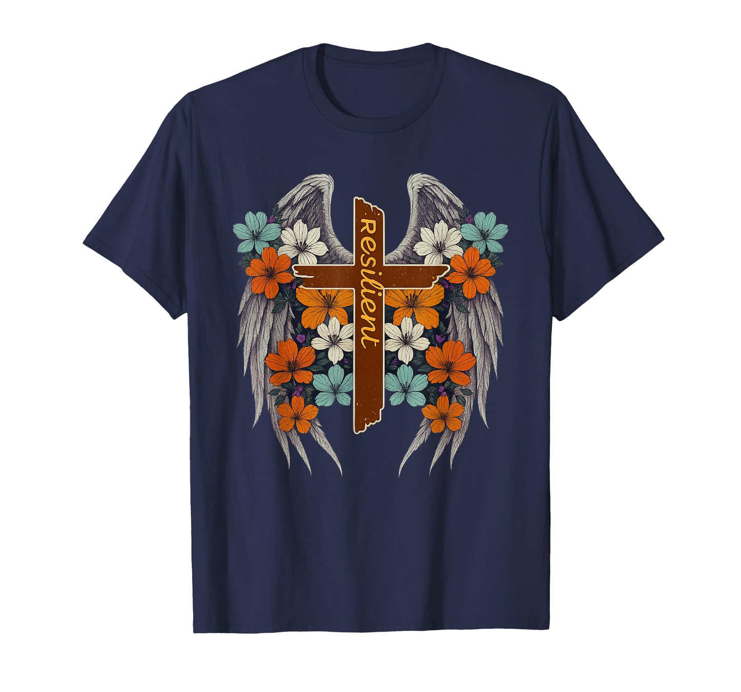 Angel Wings Cross Religious Resilient Boho Flowers Vintage T-Shirt