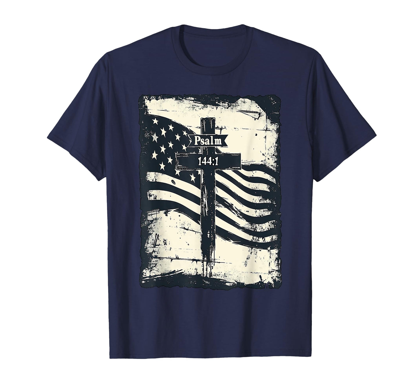 Psalm 144:1 Vintage US Flag Christian Cross Bible Verse T-Shirt